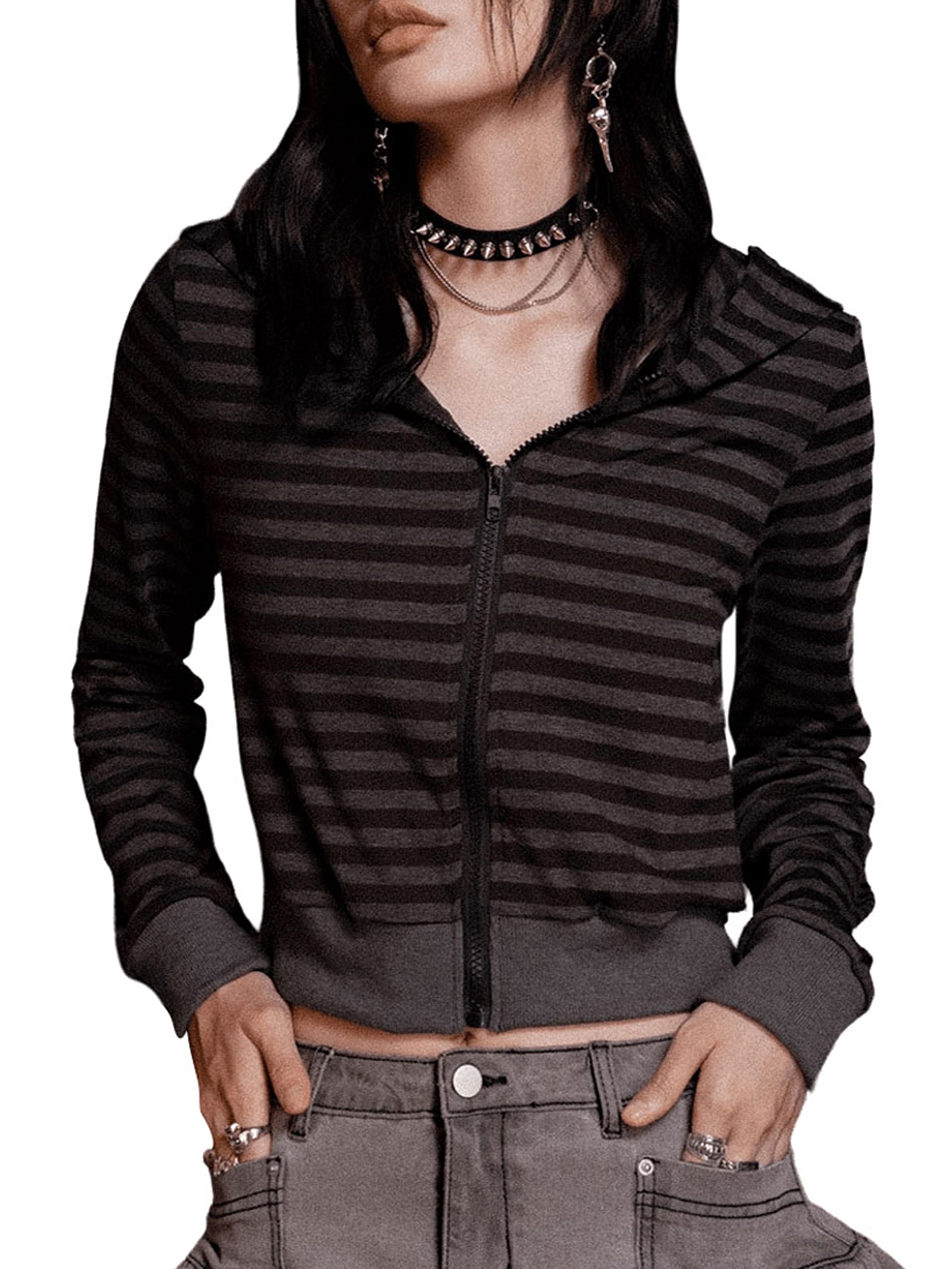 Women's Punk Rock Striped Print Zip Up Cropped Hoodie Sweatshirt Shirt Y2K Top