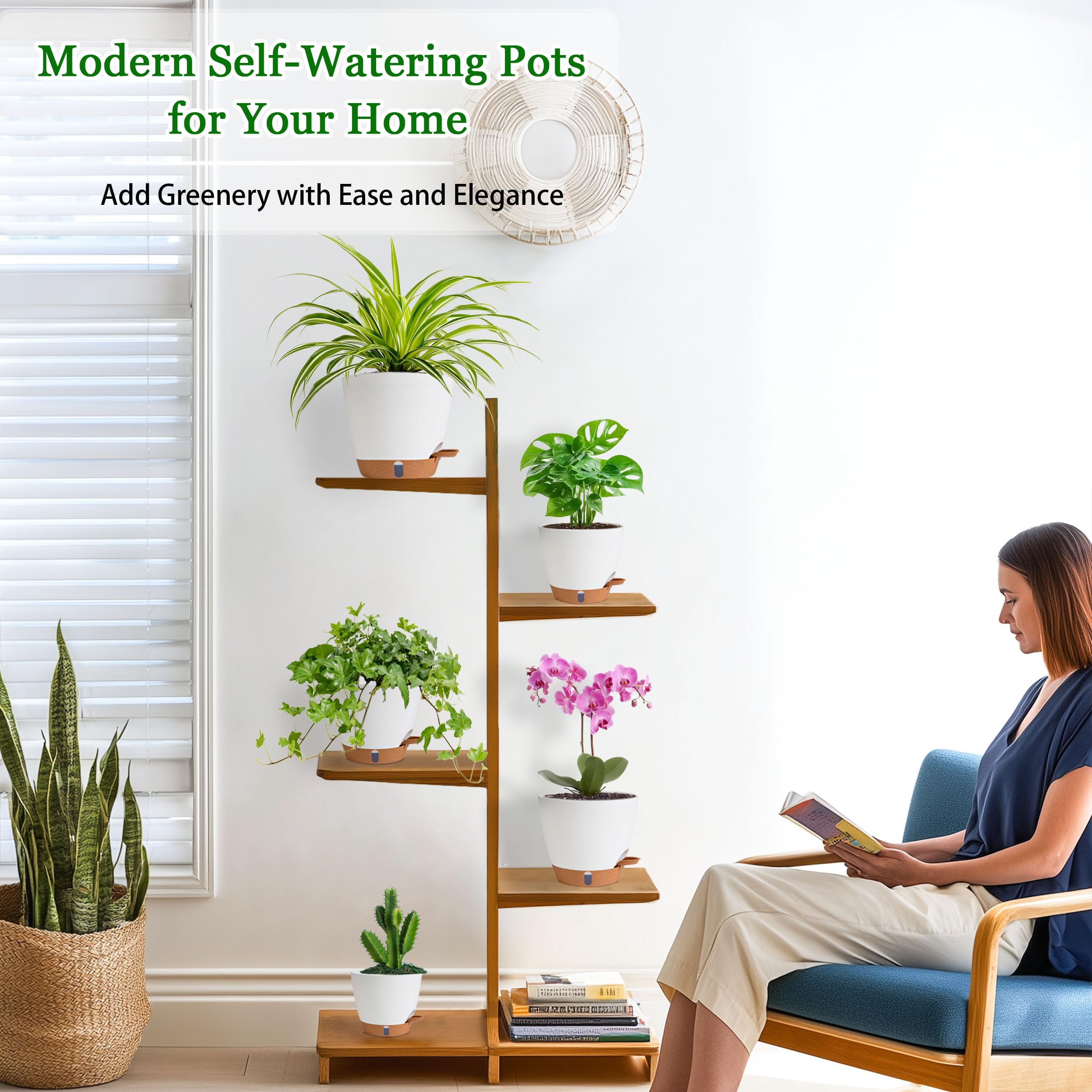 Macetas de riego automático para plantas de exterior Inoor de 8/7/6.5/6/5 pulgadas, macetas de plástico con agujeros de drenaje e indicador de nivel de agua, macetas decorativas con platillos