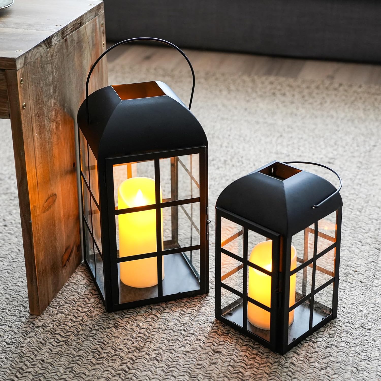 TRIROCKS Set of 2 Decorative Candle Lantern 10.5&14''H Decorative Outdoor Lantern Metal Candle Holder with Tempered Glass for Halloween Christmas Home Garden Yard Patio Parties Indoors Outdoors(Black)