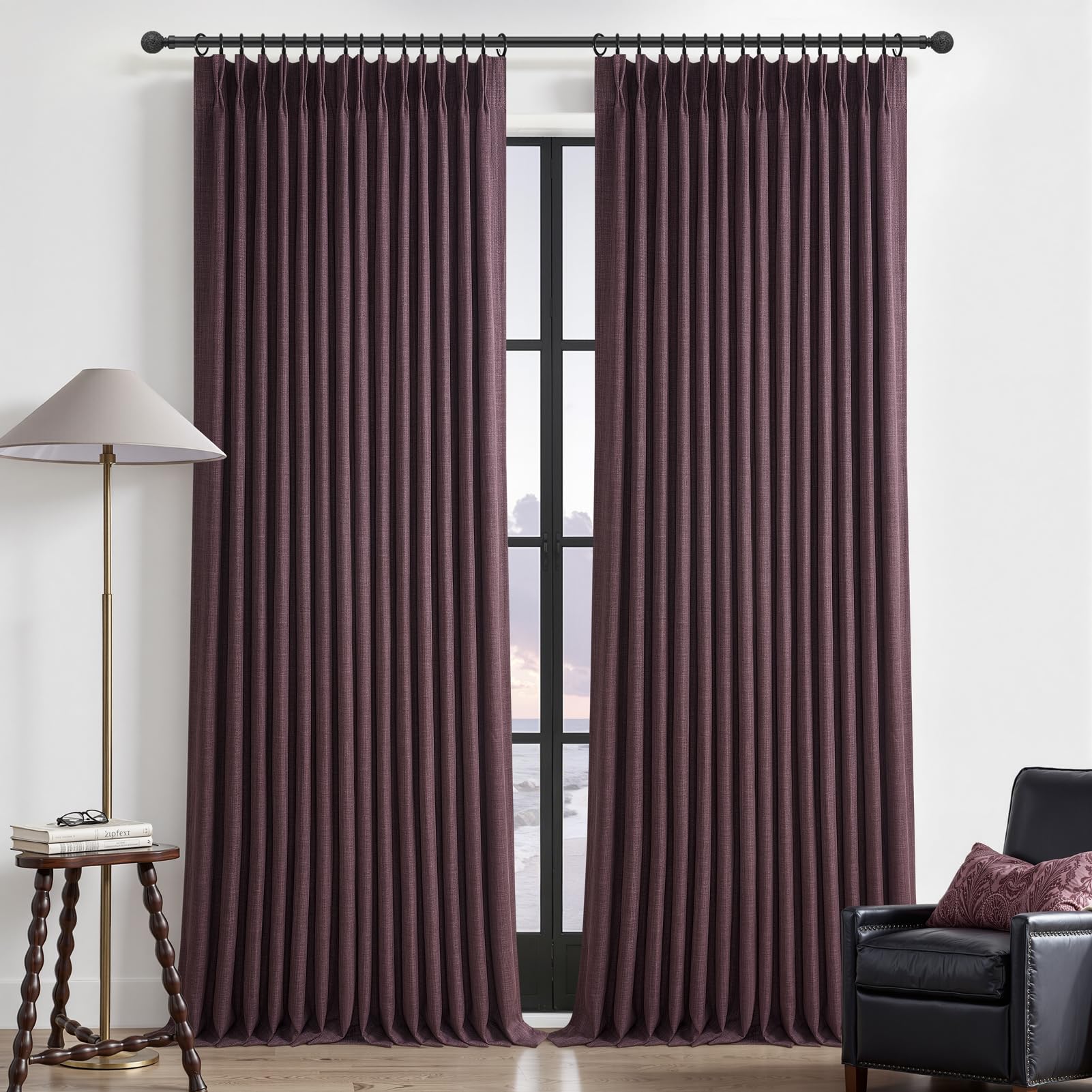 PleatedDrapes Purple Double Layer Linen Blackout Curtains 40 x 102 Inches Long for Bedroom, Memory Trained Pinch Pleat Thermal Light Blocking Privacy Decorative Window Drapes 2 Panels 8-1/2 FT Length — image 1