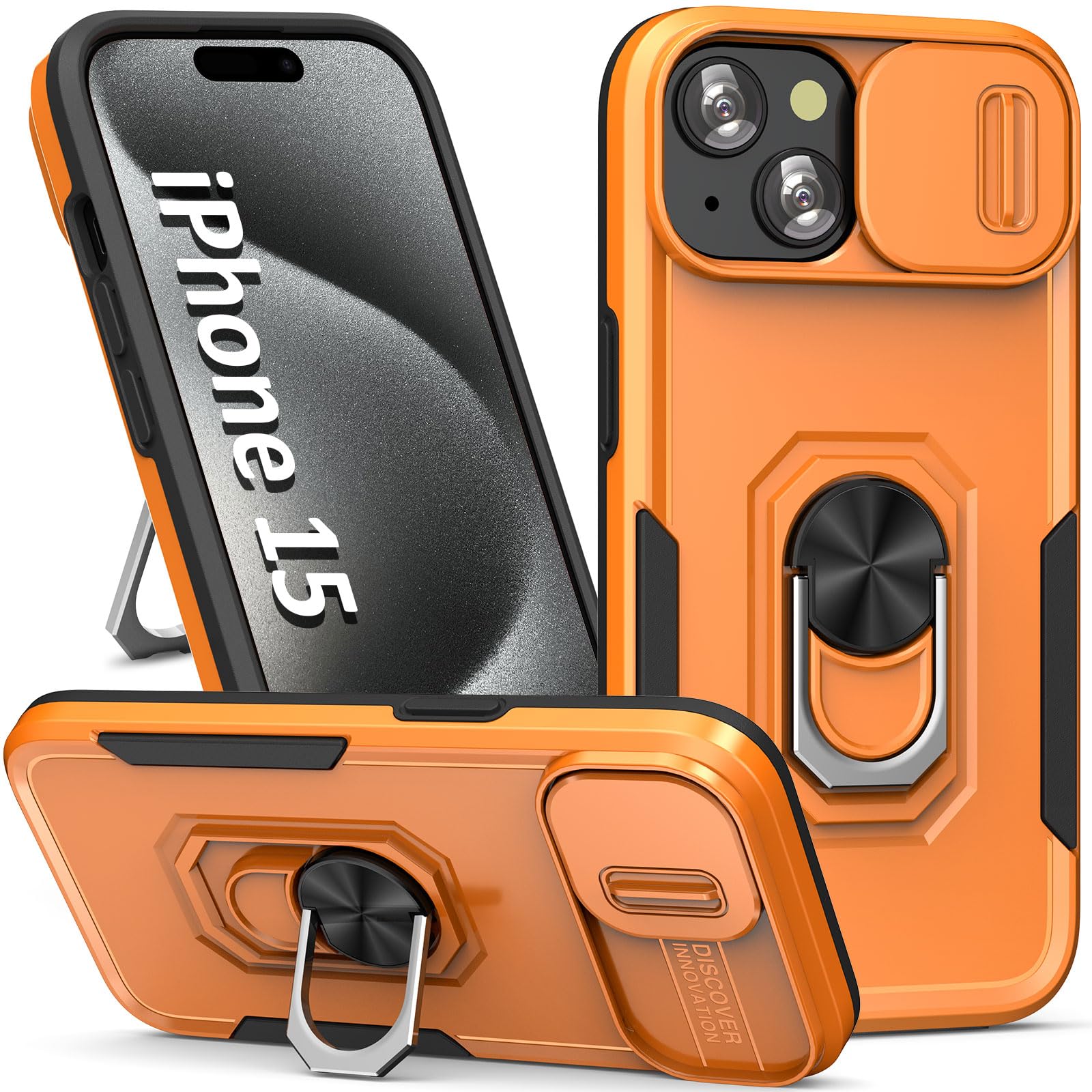 SEFING Phone Case for iPhone 15 Case with Slide Camera Cover, with Finger Ring Holder Stand, fit Magnetic Car Mount, for iPhone 15 - Orange