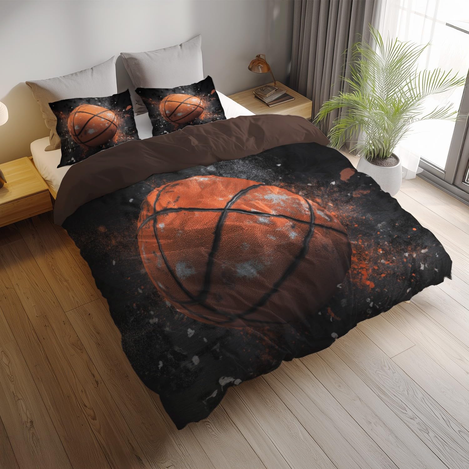 Graffiti Bedding Super King Size 292 x 236 cm – czarno-pomarańczowa tajemnicza sztuka koszykówka poszewka na kołdrę, dwustronna poszewka na kołdrę i 2 poszewki na poduszki, ultramiękki i oddychający