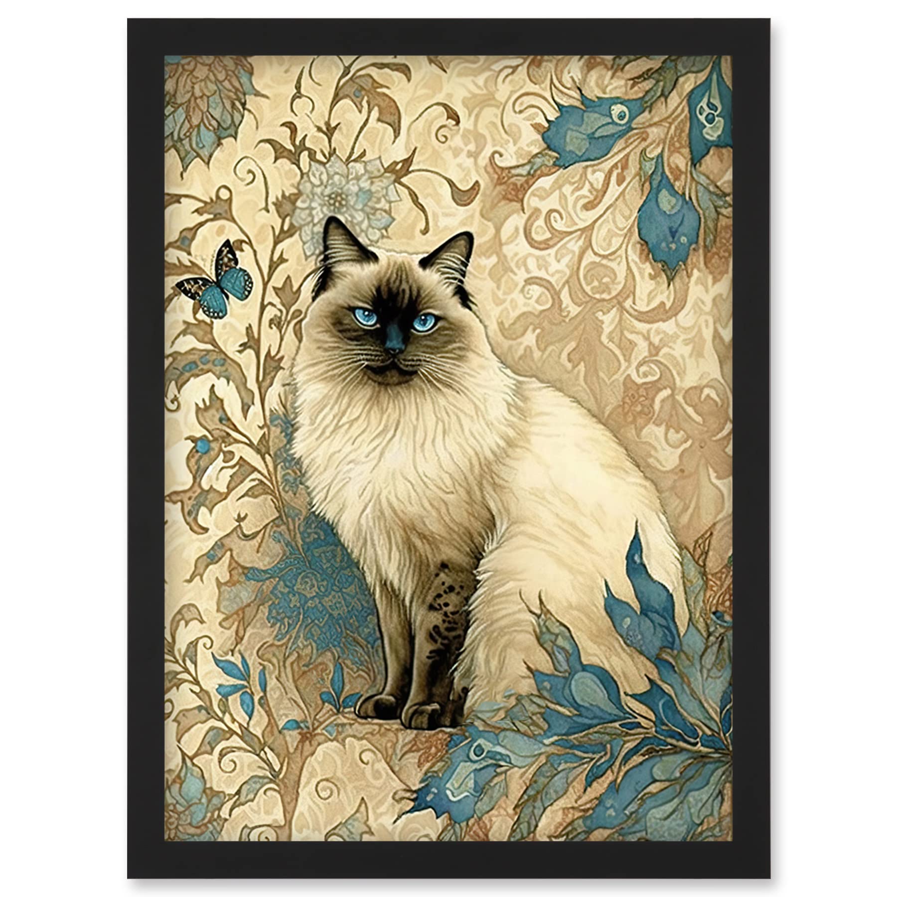 Artery8 Blue Point Ragdoll Cat with Teal Plants Art Nouveau Watercolour Illustration Artwork Framed Wall Art Print A4