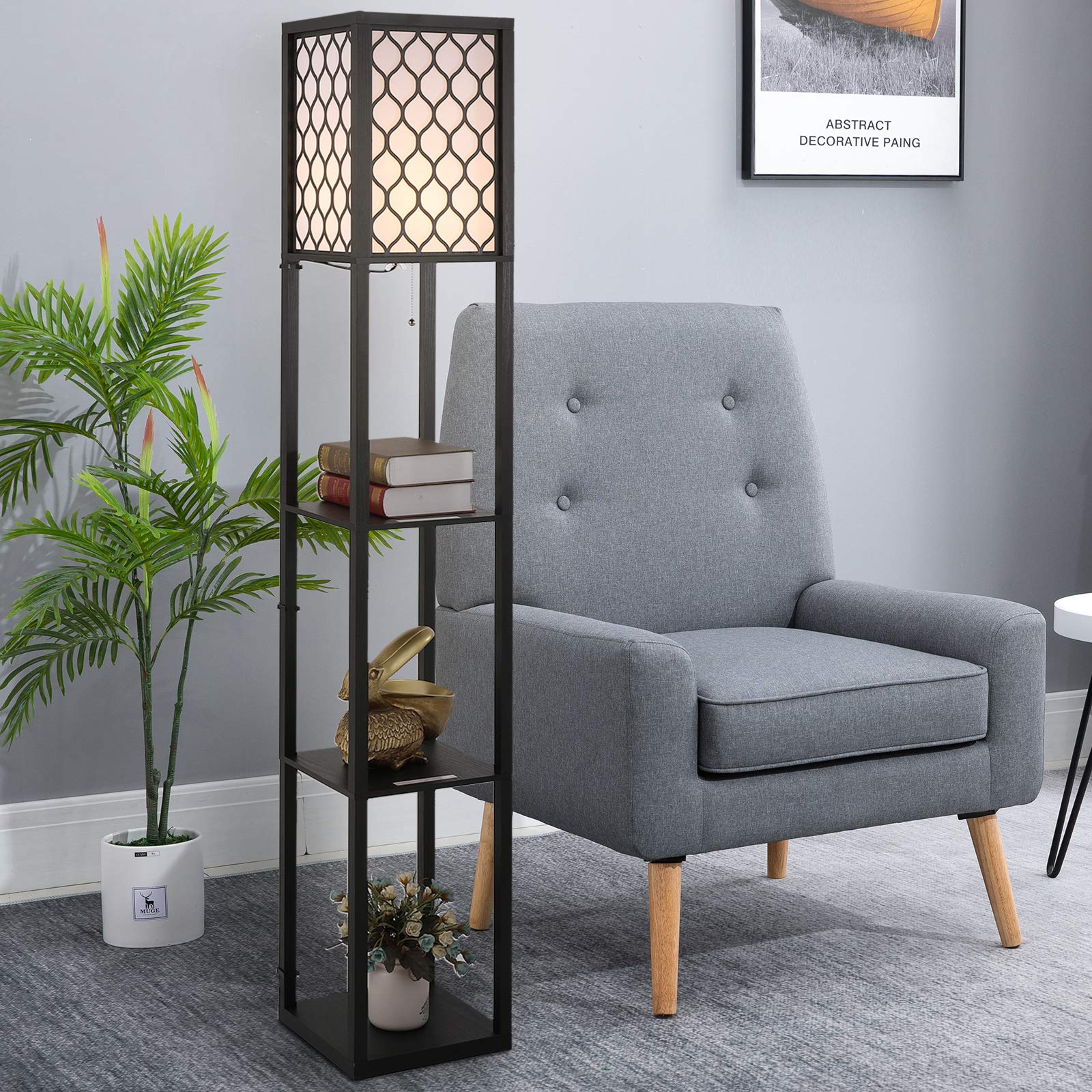 HOMCOM Lampada da Terra 2 in 1 Salvaspazio con 3 Ripiani, Lampada Moderna da Salotto, Soggiorno e Ufficio, Attacco E27, 26 x 26 x 160 cm, Nero Bianco