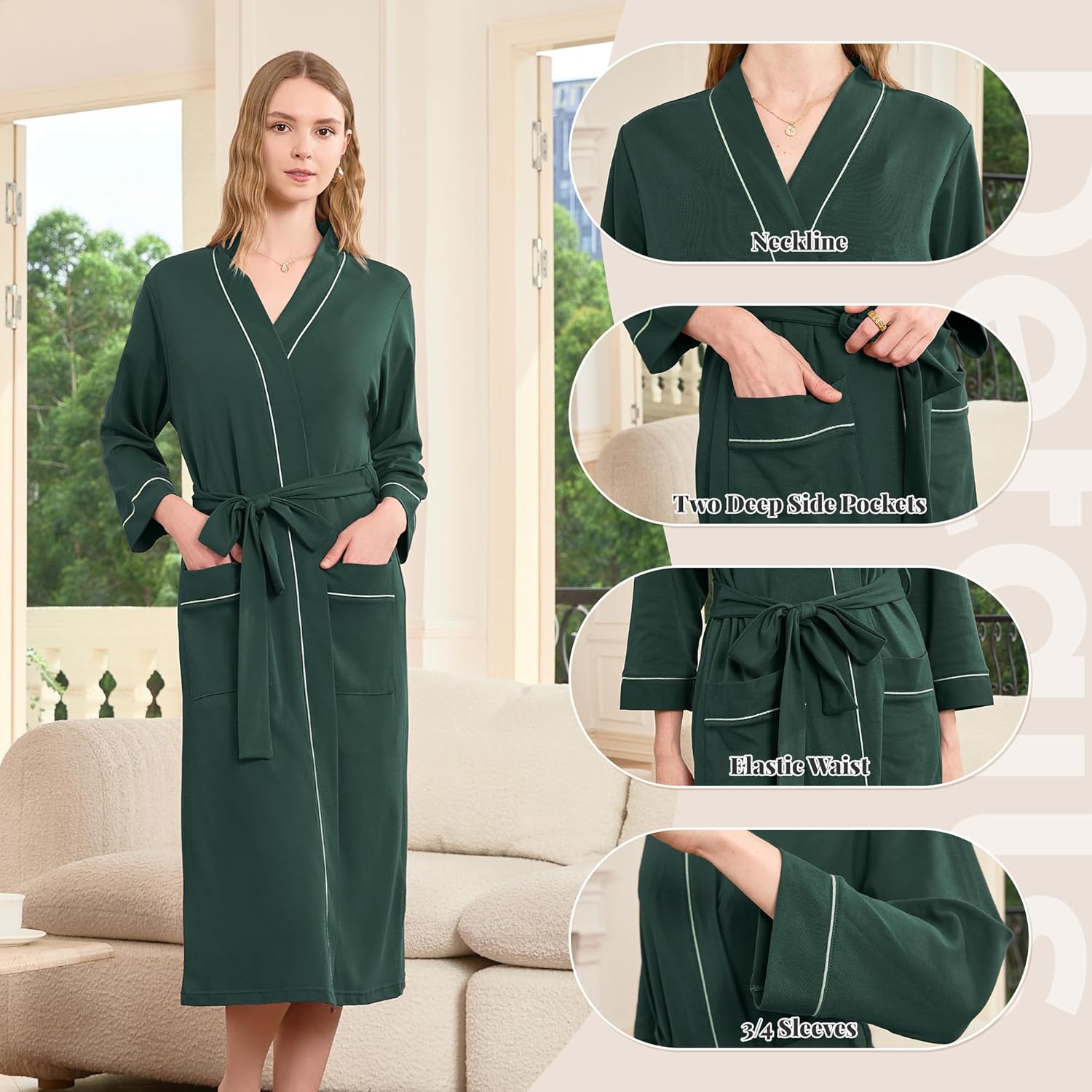 HEARTNICE Womens 100% Cotton Robe, Soft Kimono Spa Long Bathrobe Lightweight Loungewear - Image 3