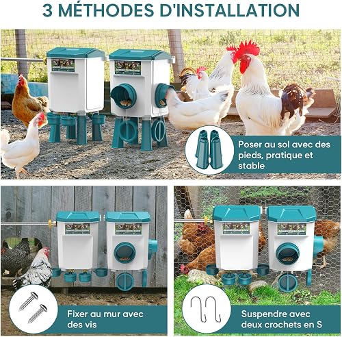 CHAMUTY Mangeoire Poules Anti Nuisible, Abreuvoir Poules Automatique 7 litres avec Pieds, Flotteur Filtré, Tuyau en Acier Inoxydable de 1,5 m, Distributeur Eau Automatique - 7