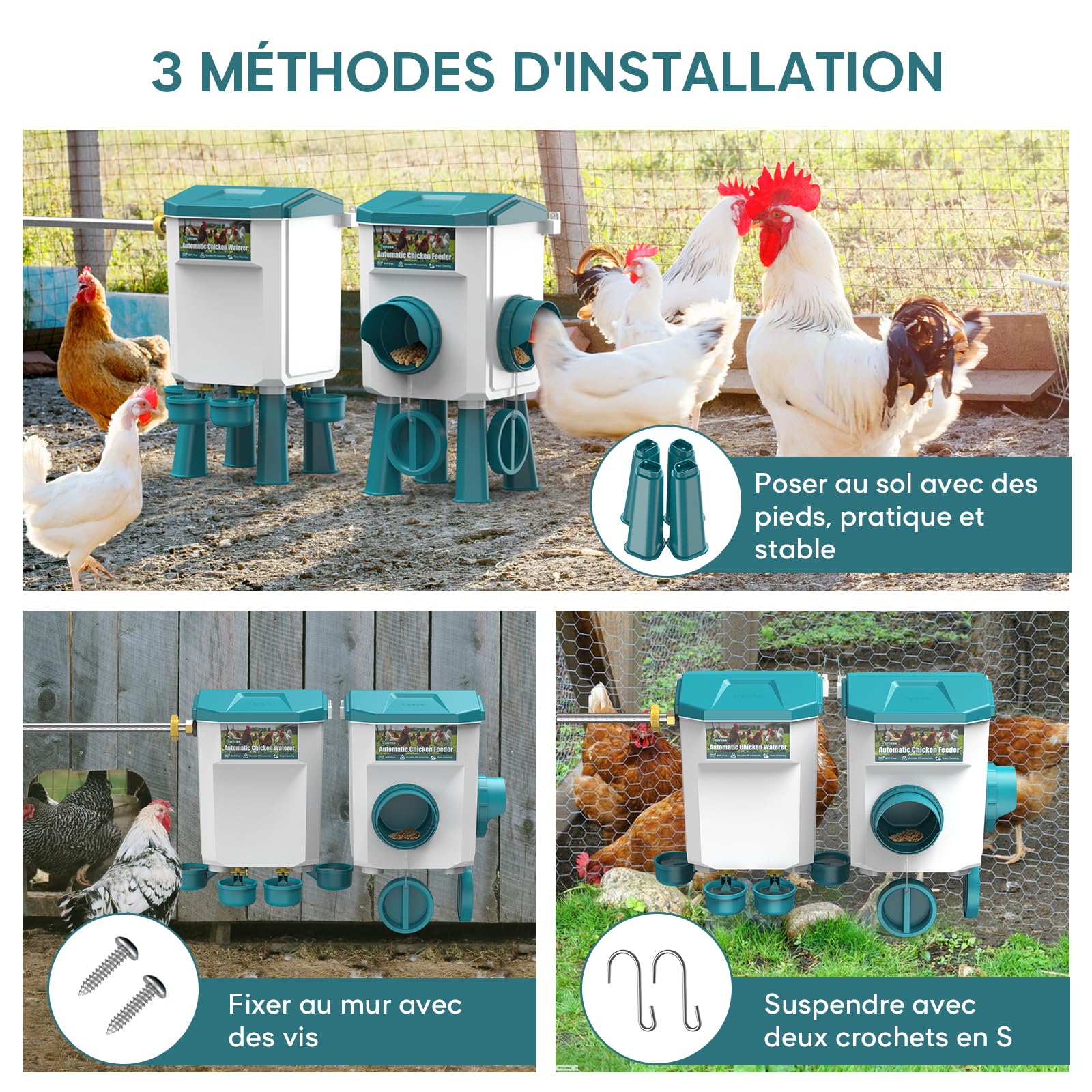 CHAMUTY Mangeoire Poules Anti Nuisible, Abreuvoir Poules Automatique 7 litres avec Pieds, Flotteur Filtré, Tuyau en Acier Inoxydable de 1,5 m, Distributeur Eau Automatique