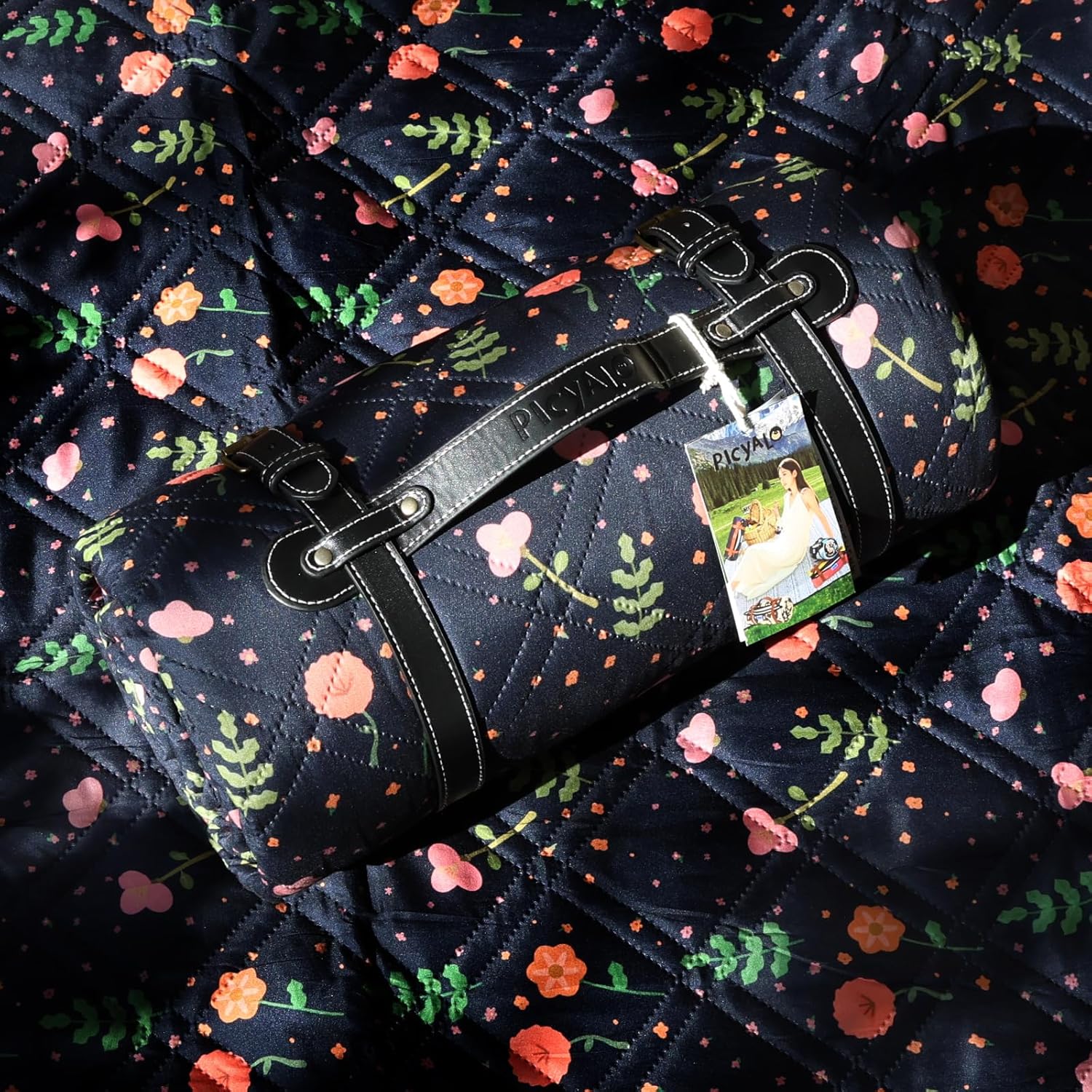 80x80” Double Thickened Picnic Blankets(150g High Density Cotton Stuffed) Navy Blue Floral Pattern Outdoor Picnic Mat Portable Picnic Blanket Foldable with Leather Carry Strap Beach Blanket