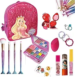 Maquiagem Infantil Kit com Mochila Rosa Princesa, mais de 20 Itens, 2 Batons, Gloss, 4 Pincéis de Sereia, Paleta de Sombras com Blush Pincel, Anel, Pulseira, Tatuagem, Brinquedo Menina, Maquiagem Para Crianças.
