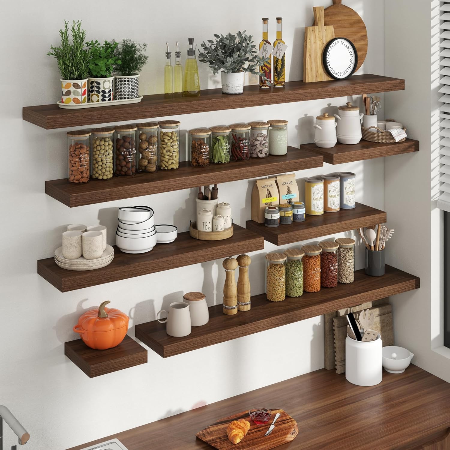 20 Inch Floating Shelves for Wall, 8 Inch Deep Floating Shelf for Storage & Display, Rustic Wall Mounted Shelf with Invisible Brackets for Living Room, Kitchen, Bathroom, Home Decor, Set of 2, Walnut