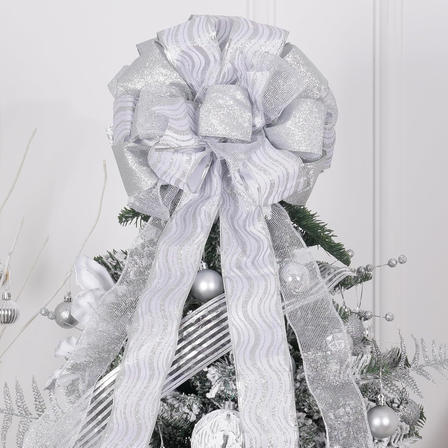 Christmas Tree Topper, 32x12 Inches Large Toppers Bow with Glitter Satin Mesh Streamer, Silve Christmas Tree Topper for Christmas Home Decoration (Silver) - Image 5