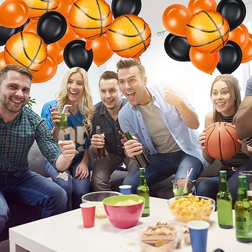 Miniatura 5 de Charniol Juego de 5 globos de papel de aluminio de baloncesto y 20 globos de látex en negro y naranja para decoración de fiesta de cumpleaños, baby