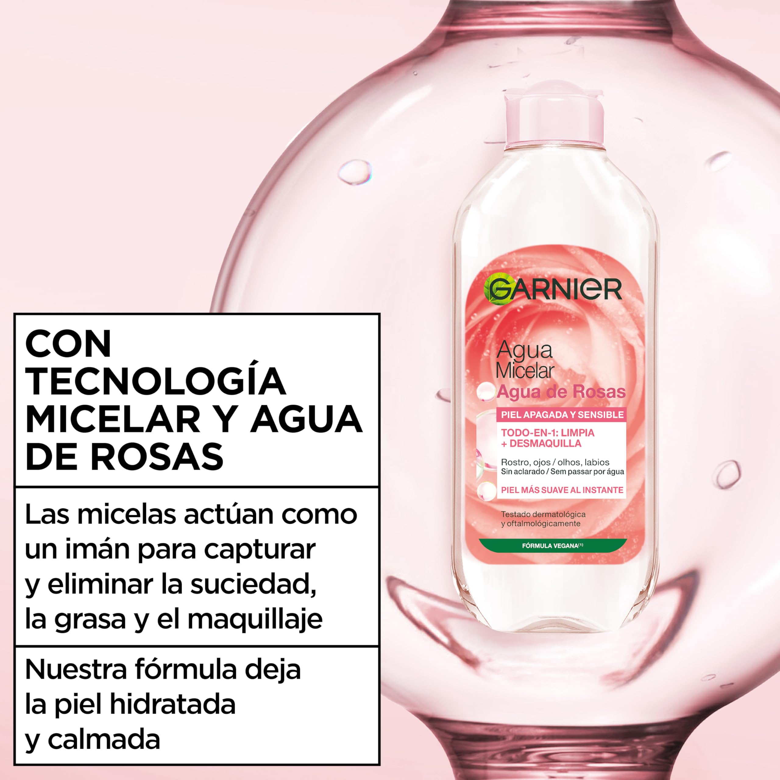 Garnier Agua Micelar con Agua de Rosas Todo en 1 para pieles apagadas y sensibles - Piel más suave al instante - Hipoalergénica - Cruelty-Free International y Vegana 400 ml — view 3