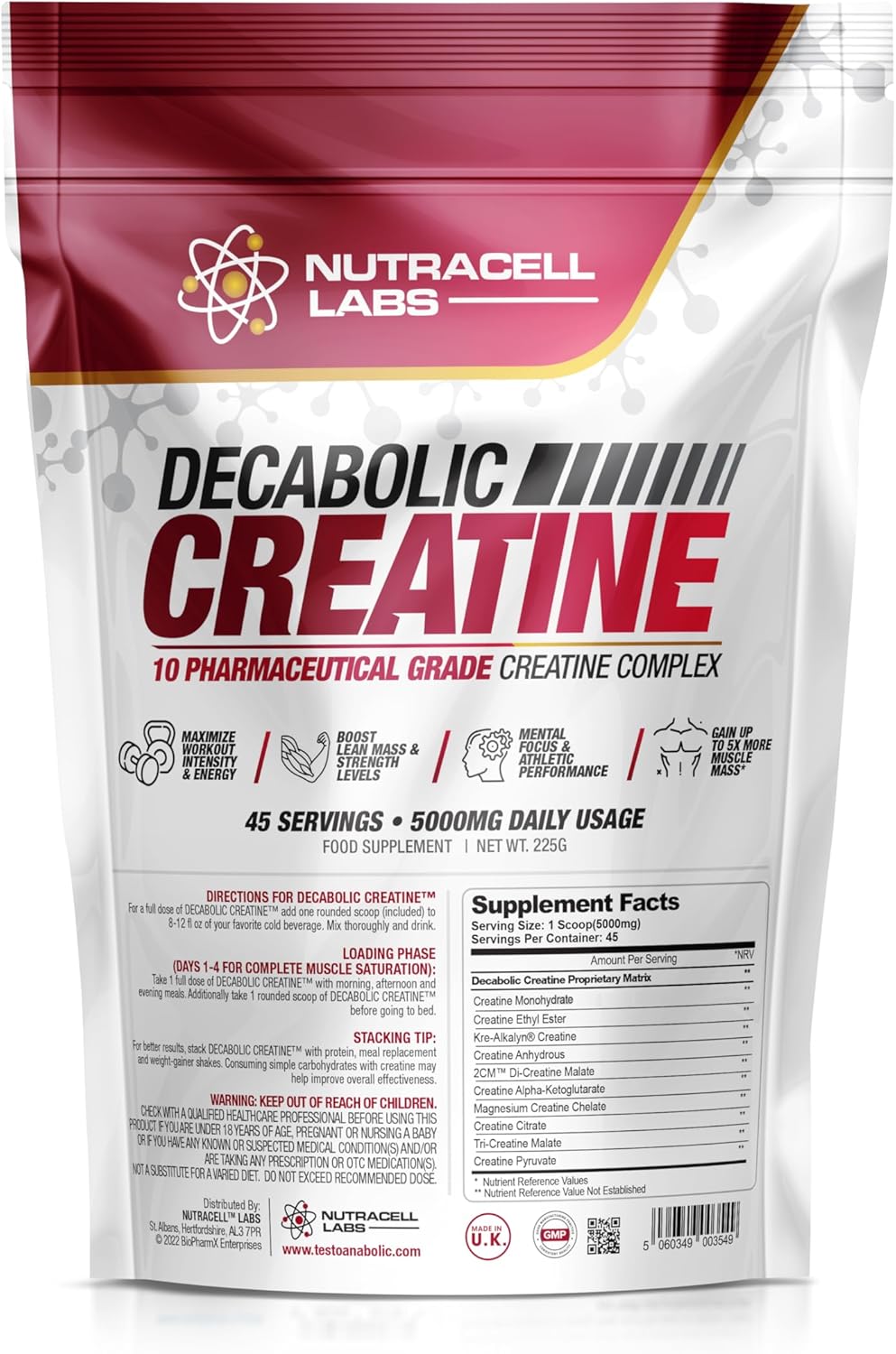 Nutracell Labs Decabolic Creatine : Powerful 10 Blend (45 Servings – 5000mg Per Serving) Muscle Growth & Strength Without Steroids / HGH (225g / 8oz)