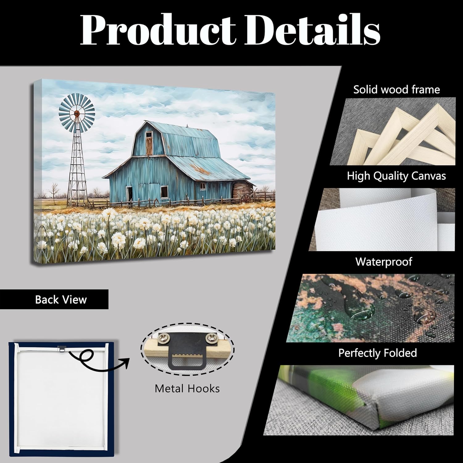 QIXIANG Turquoise Barn Canvas Wall Art Rustic Teal Old Barn and Windmill Flowers Painting Prints for Kitchen Home Decor Framed (16.00" x 24.00")