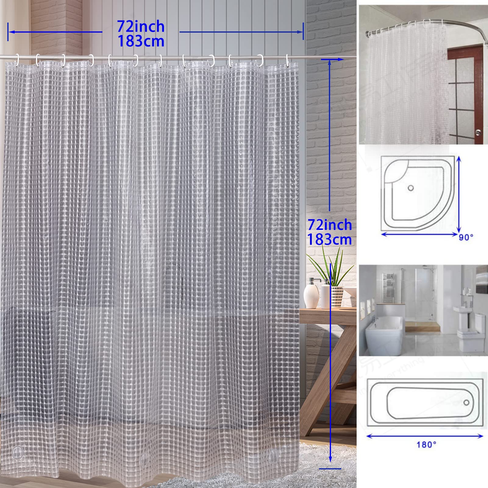 Schwerer Duschvorhang, 8 Gauge, 183 x 183 cm (B x H), wasserdicht, für Dusche oder Badewanne