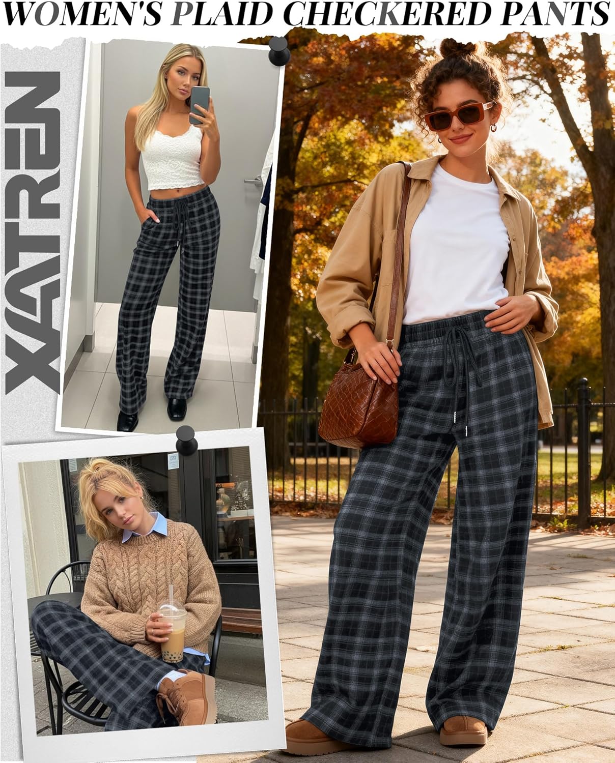 Xaatren Women's Plaid Pants Gingham Lounge Pajama Pants Drawstring Loose Bottoms Wide Leg Trousers with Pockets