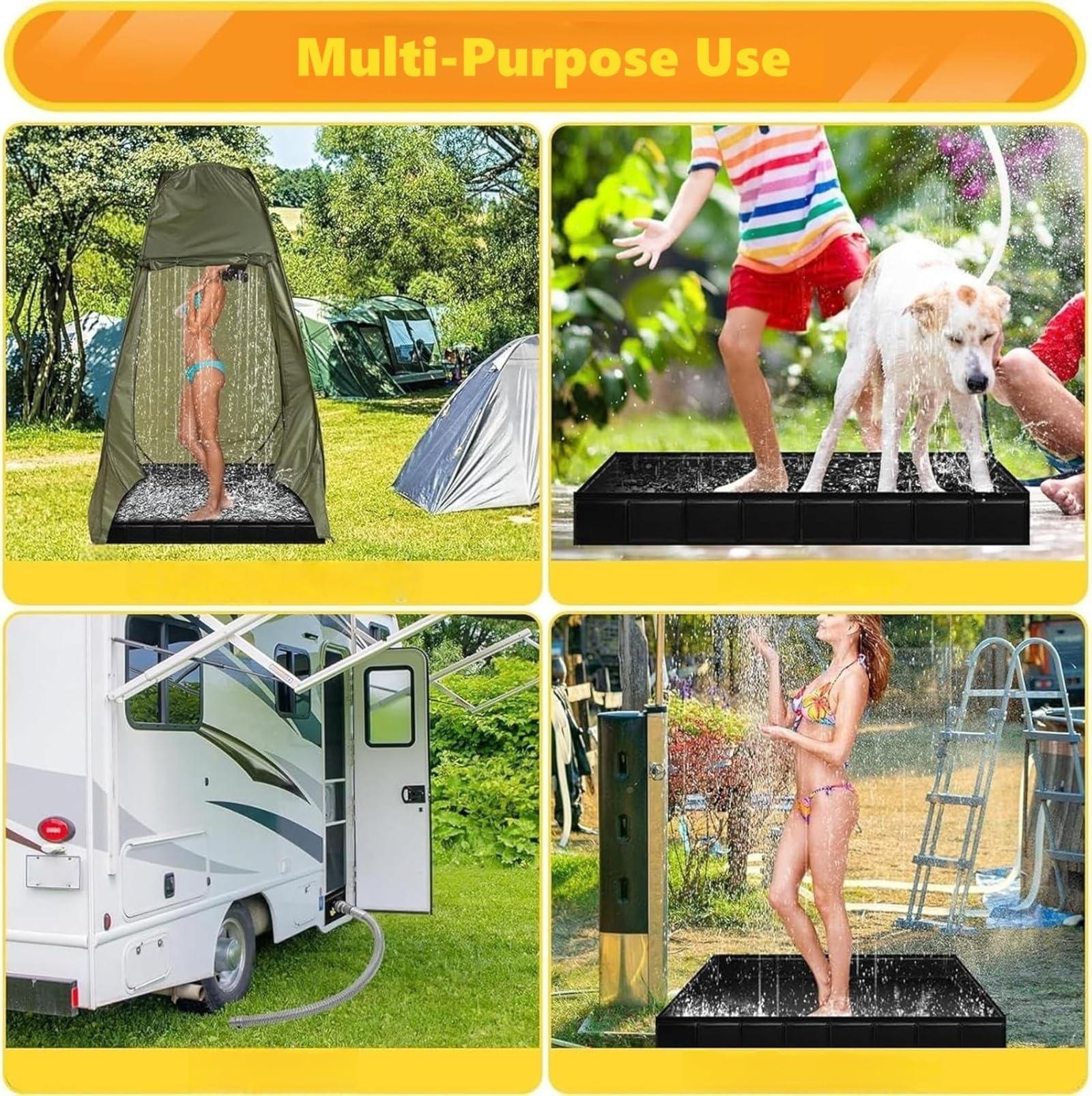 Base Doccia Pieghevole da Campeggio 80cm, Vassoio Portatile per Doccia Esterna con Tubo di Scarico Rapido | Base Bagno Pieghevole per Camper, Tenda, Piscina | Piatta Doccia per Esterno (nero)