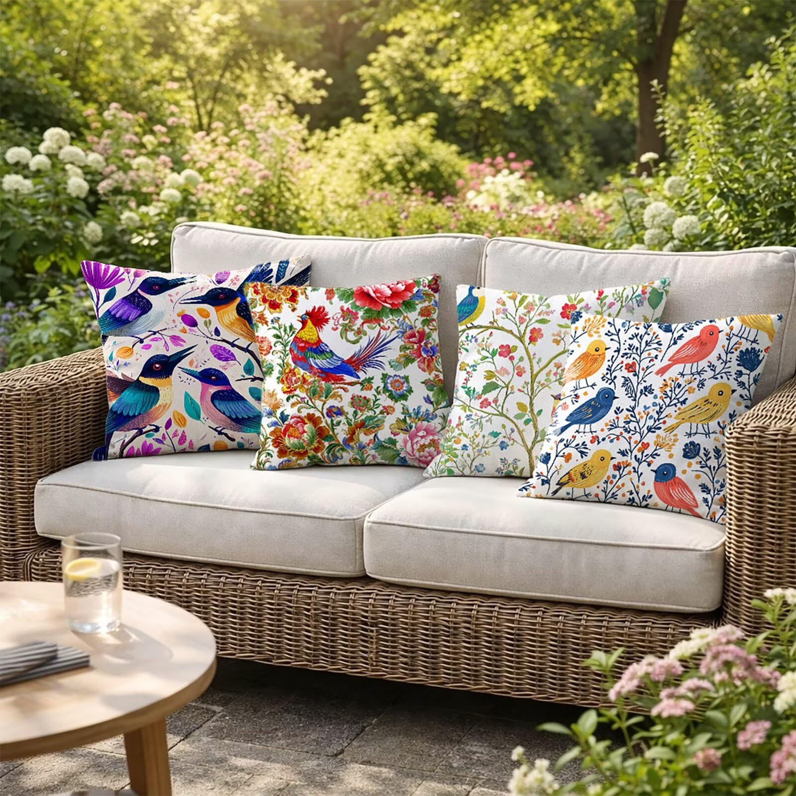 Kissenbezug 55 x 55 4 Pack, Outdoor Sofakissen Bezug Vogel Deko Kissenbezug 55x55cm, Doppelseitiger Druck Quadrat Kopfkissenbezug Blume für Schlafzimmer Deko Wohnzimmer Geschenke für Frauen Model08574