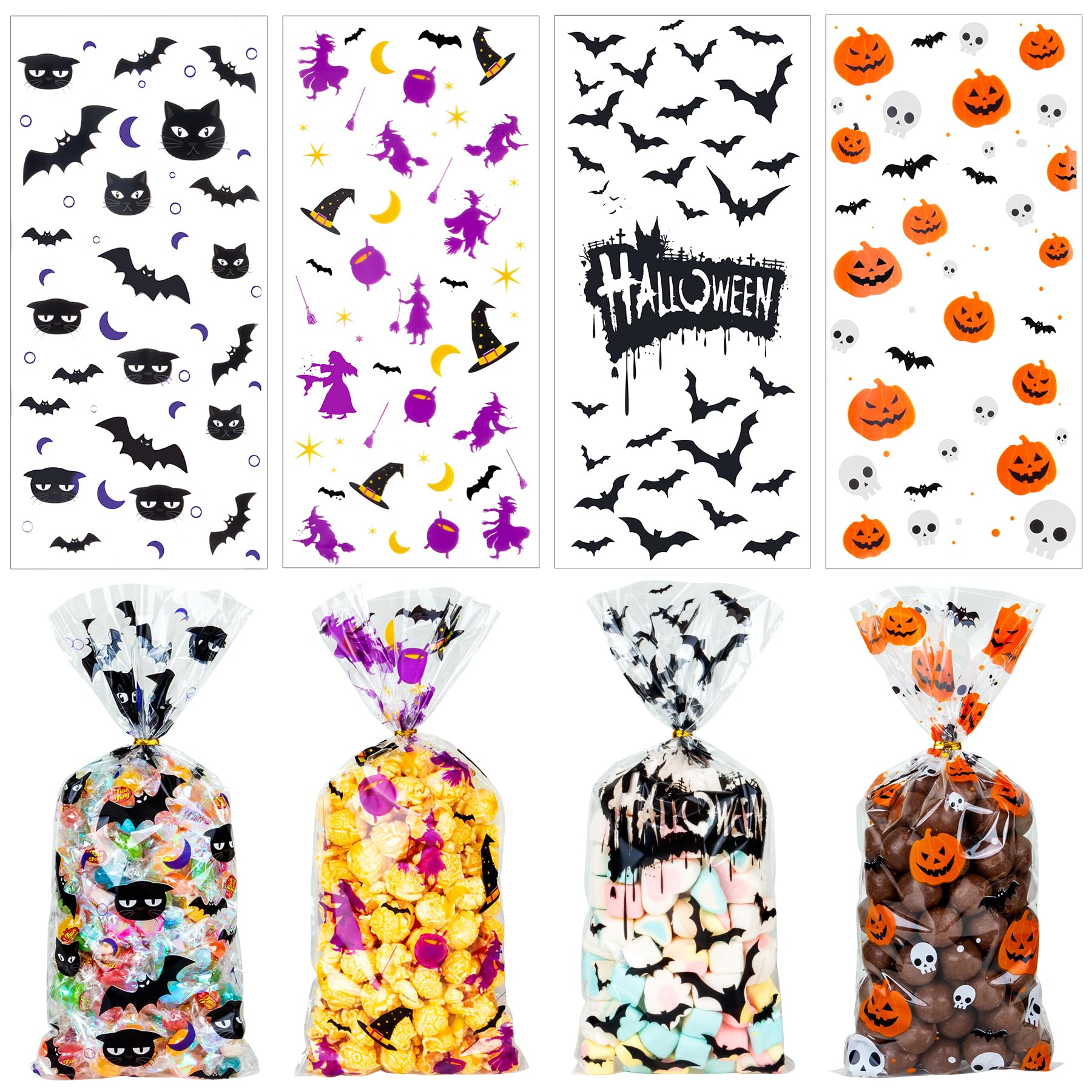 RICEDUO Torebki na słodycze na Halloween, 100 sztuk, przezroczyste torebki na słodycze, słodkie słodycze, torebki na prezent z twist krawaty, torebki na Halloween, upominki dla dzieci, Halloween