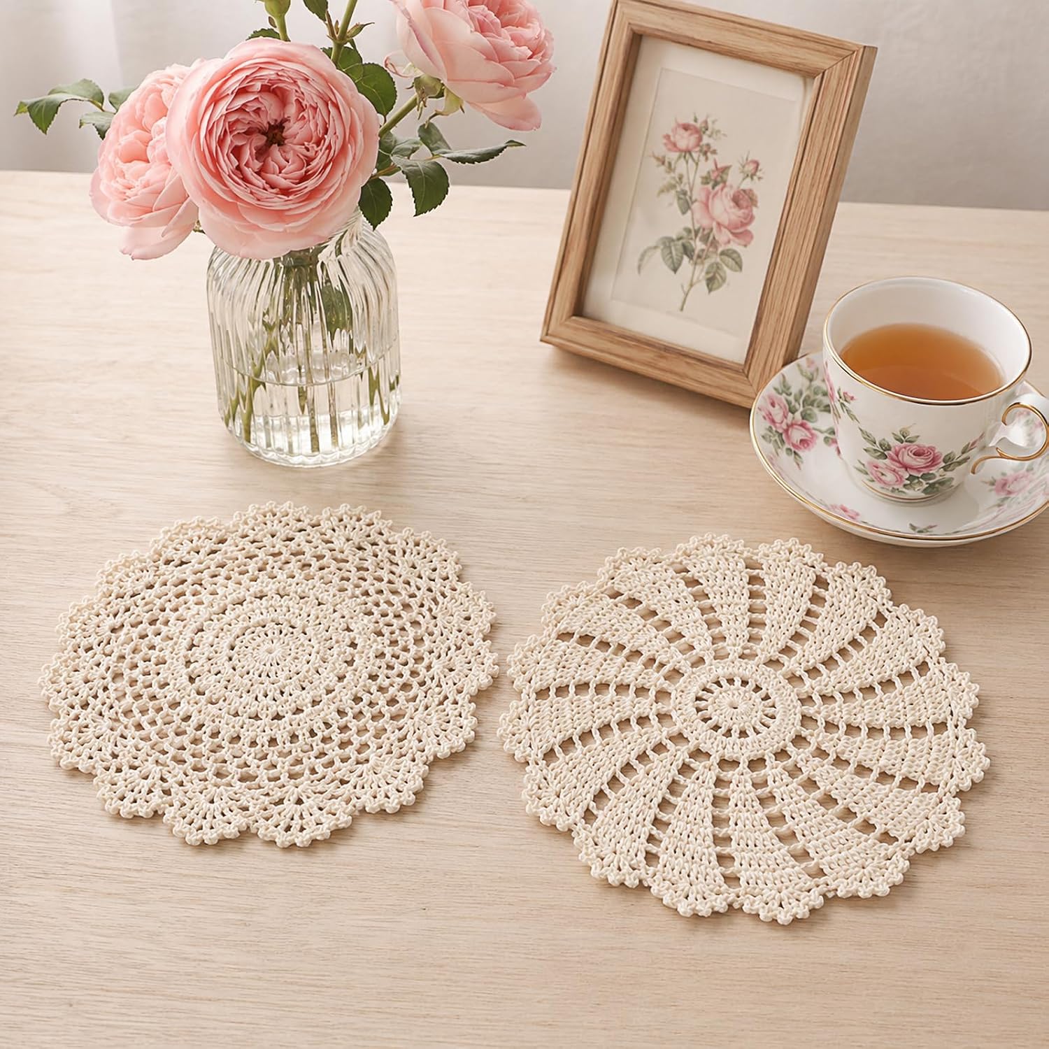 5 PCS Crochet Doilies for Tables 7 to 12 Inch Beige Cotton Handmade Crochet Placemats for Tables Furniture, Different Floral Patterns and Shapes Doilies Coasters Furniture Protectors