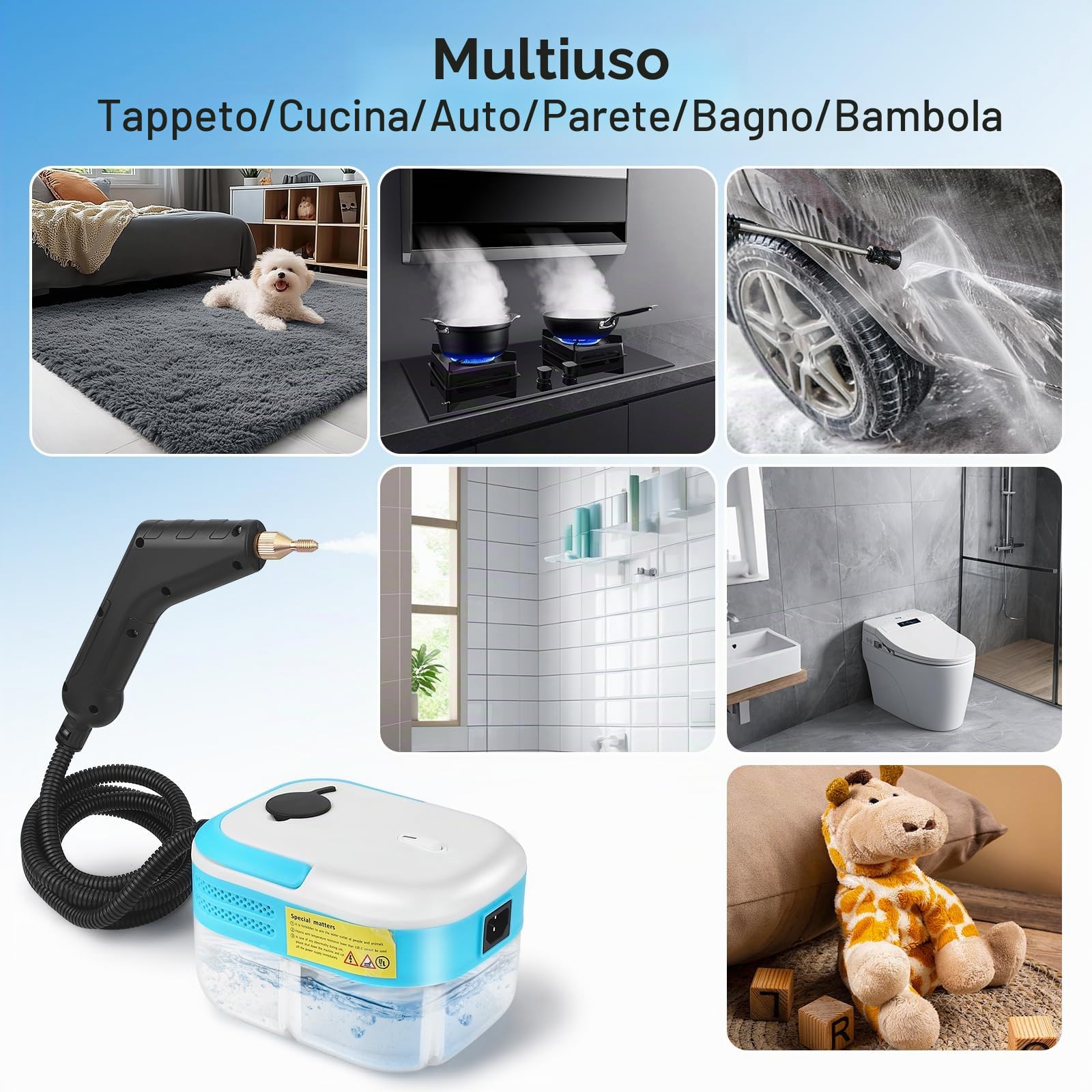 Pulitore a vapore manuale 7-in-1, 1500W | Serbatoio acqua da 1,2L per cucina e bagno | Generatore di vapore ad alta pressione (3BAR) contro grasso, muffa e calcare | Incl. accessori per imbottiture