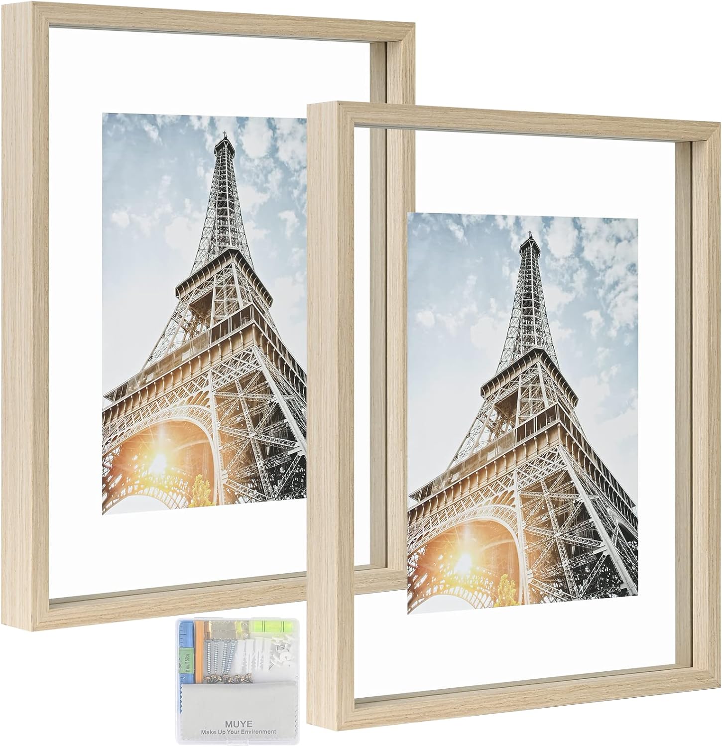 MUYE 11x14 Floating Frame in Light Oak,Double Glass Picture Frame Display Photo up to 11x14,Wall Mount or Tabletop Standing with Hanging Hardware Included,2 Pack