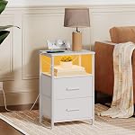 HOOBRO Nightstand with Charging Station, Bedside Table with LED Lights and 2 Fabric Drawers, End Table with Outlets & USB Ports & Type-C Port, Night Stand for Bedroom, White WT118UDBZ01