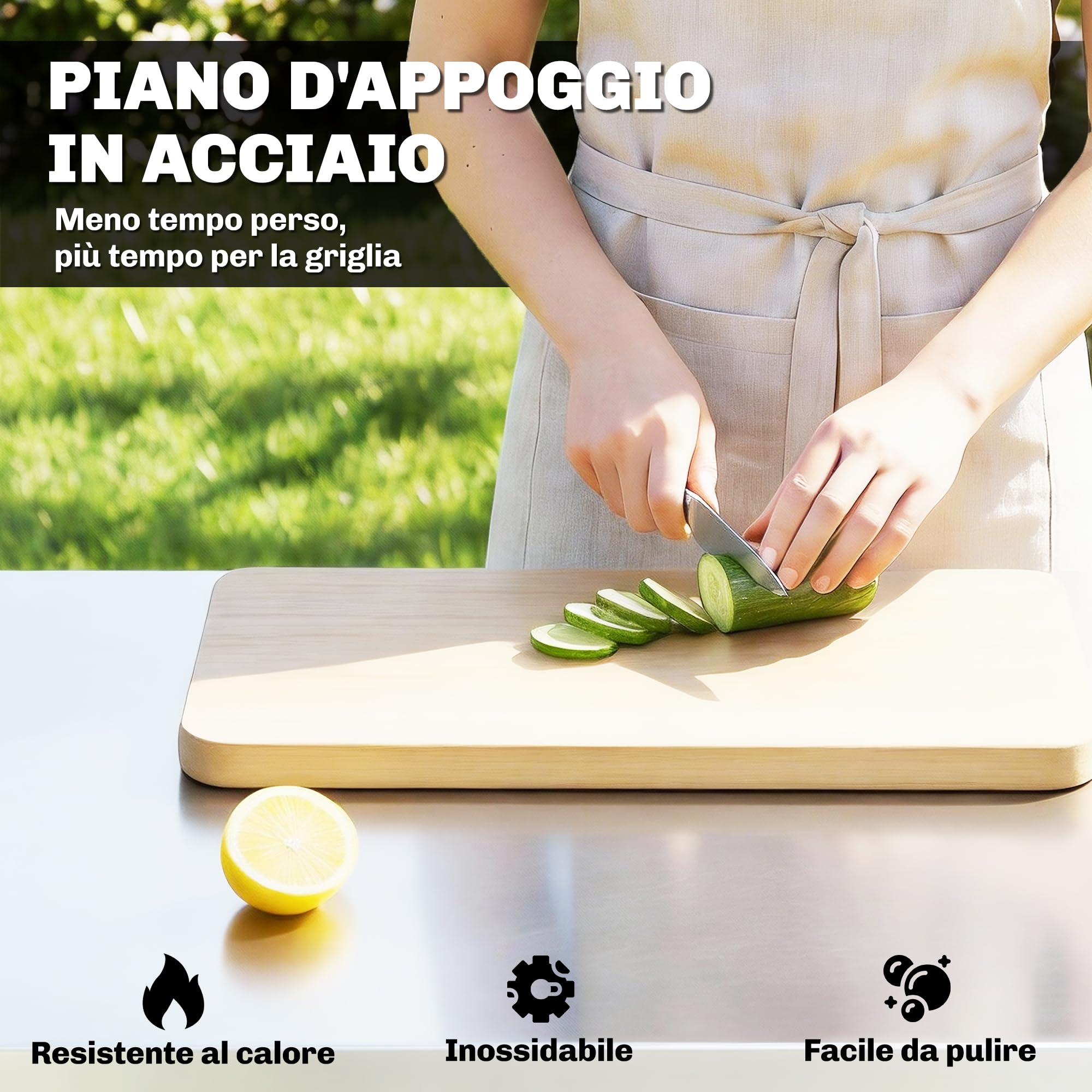 Outsunny Carrello Barbecue da Esterno con Piano in Acciaio Inossidabile, Carrello Cucina da Esterno con 2 Ruote, Porta Spezie, 4 Ganci e Maniglia Laterale, 114x61x81 cm, Nero