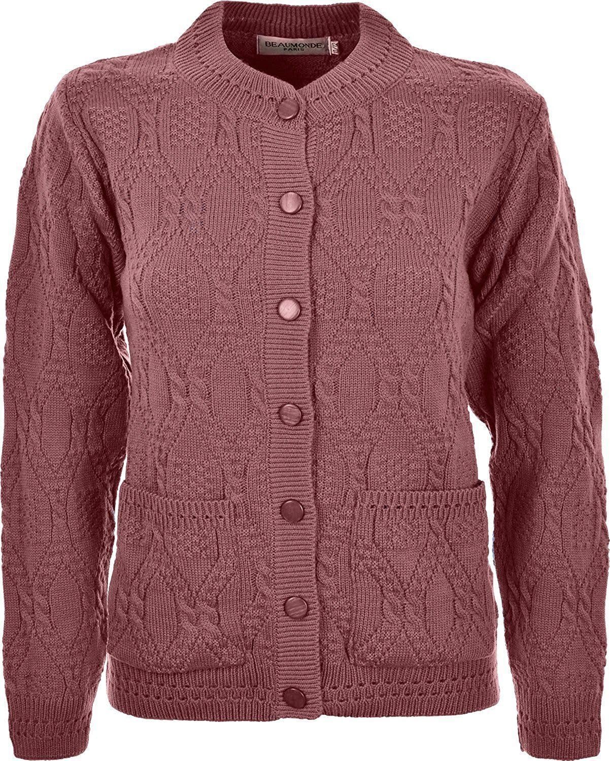 WearAll Women's Ladies Long Sleeve Button Top Aran Knitted Cardigan Button Clouse Crew Neck UK (22/24, Dusky Pink)