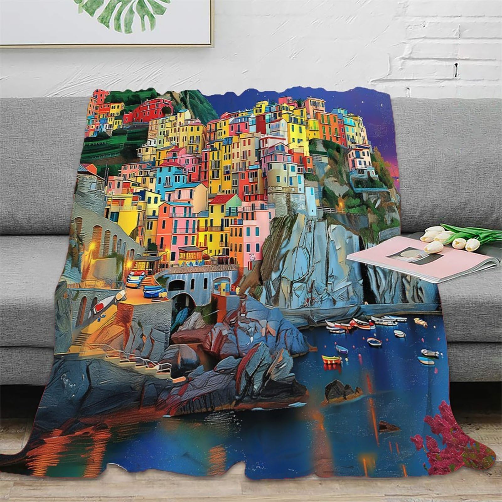 Couverture polaire microfibre coastal scène 3D 150x200cm pour lit et canapé