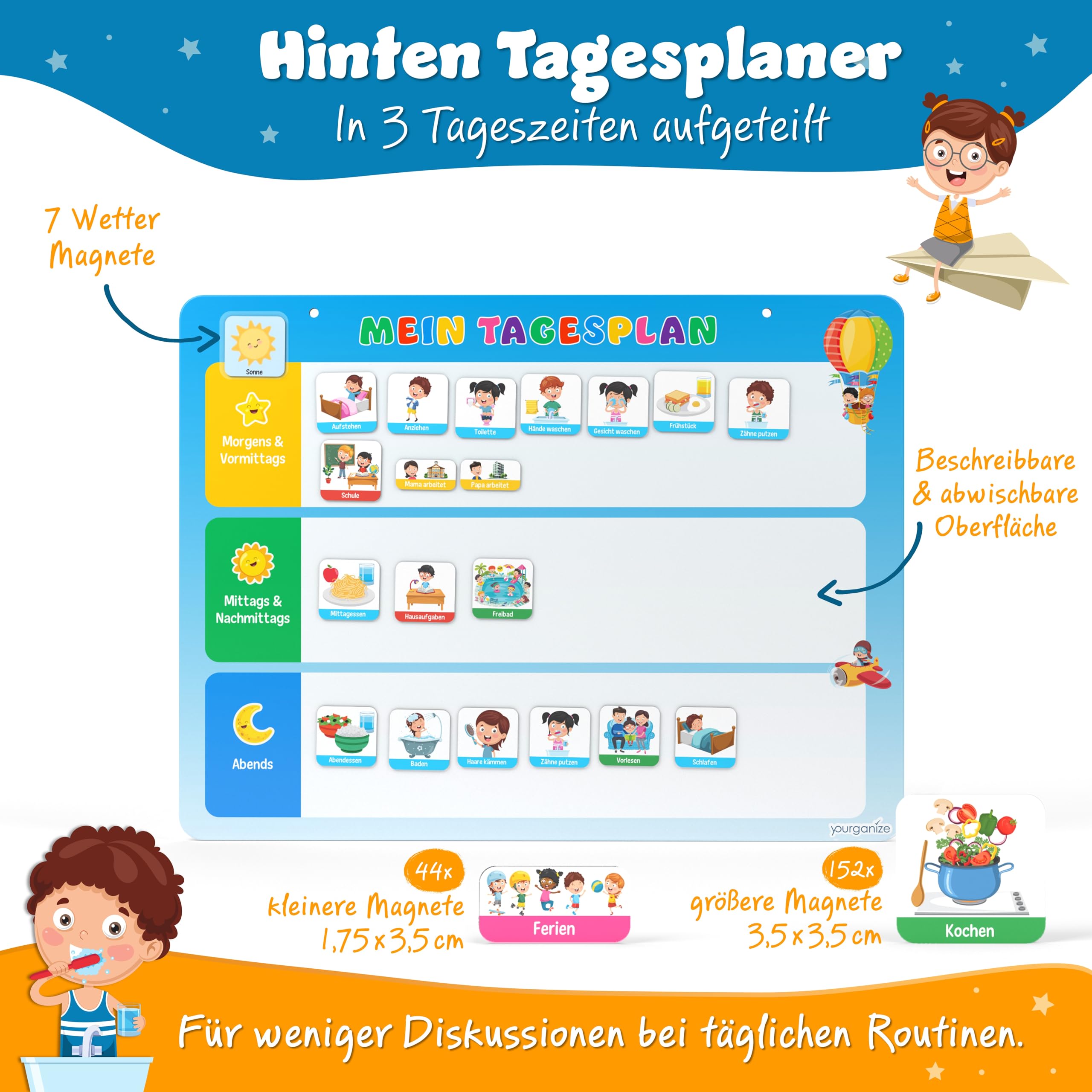 YOURGANIZE® 2-in-1 Wochenplaner und Tagesplaner für Kinder - inkl. 196 Magnete + 160 Sticker zum Personalisieren - Routine Planer Kinder