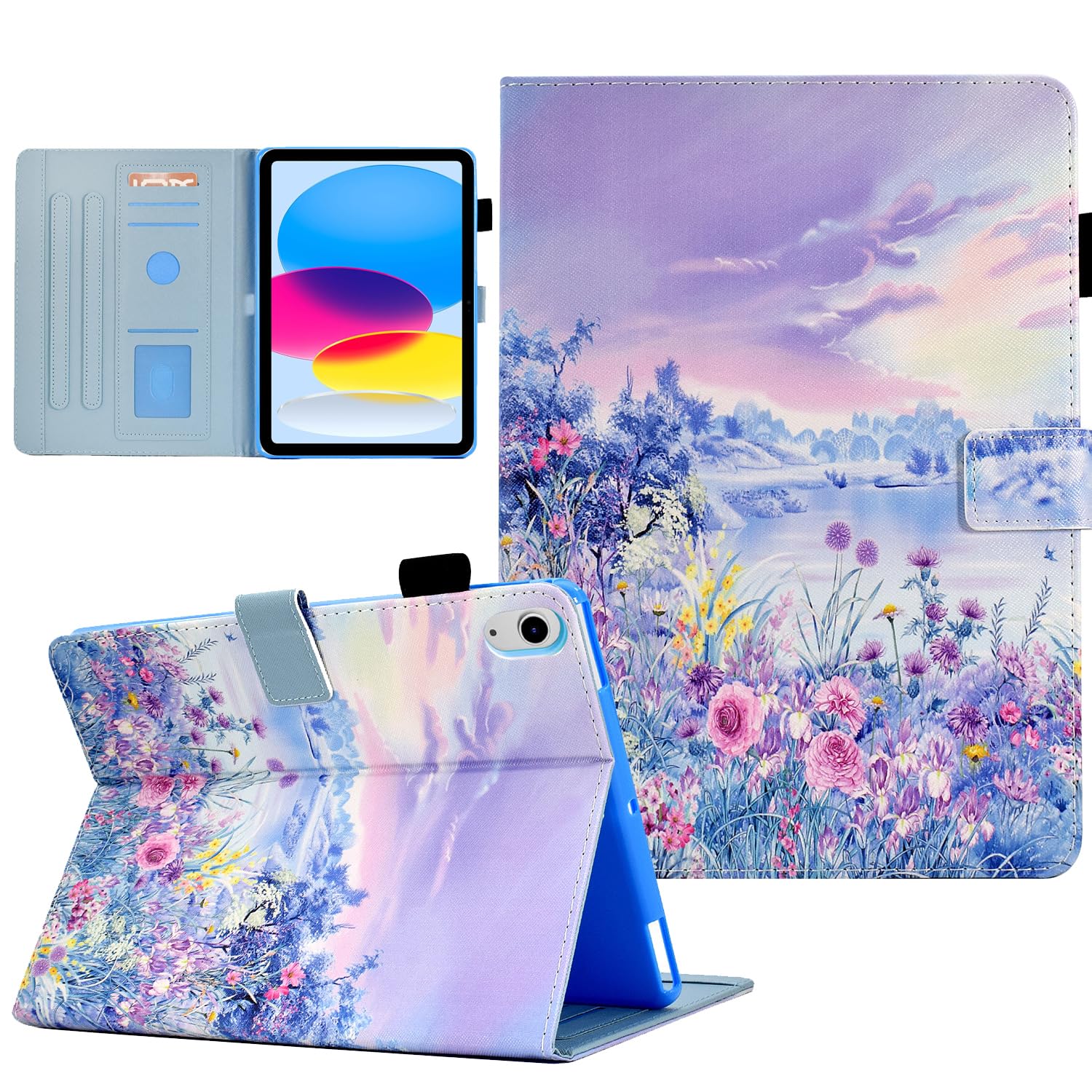 Case for iPad (A16) 11th Generation 11 inch 2025, iPad 10th Generation 10.9 inch 2022, Cute PU Leather Stand Cover, Auto Wake/Sleep Smart Shell with Pencil Holder,Purple Flower