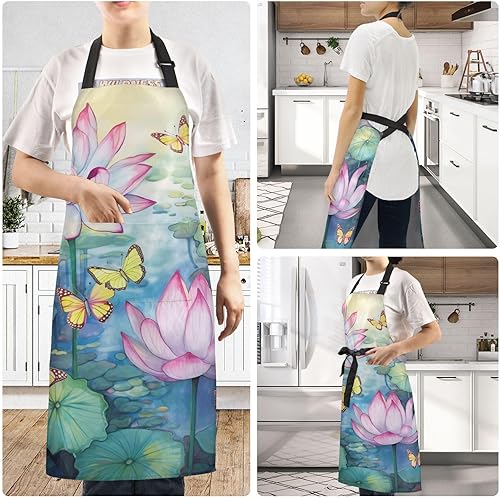 Miniatura 6 de Jihqo Adjustable Bib Apron Butterfly Lotus Flowers Cooking Kitchen Aprons with Pockets, Chef Aprons for Men Women BBQ Baking