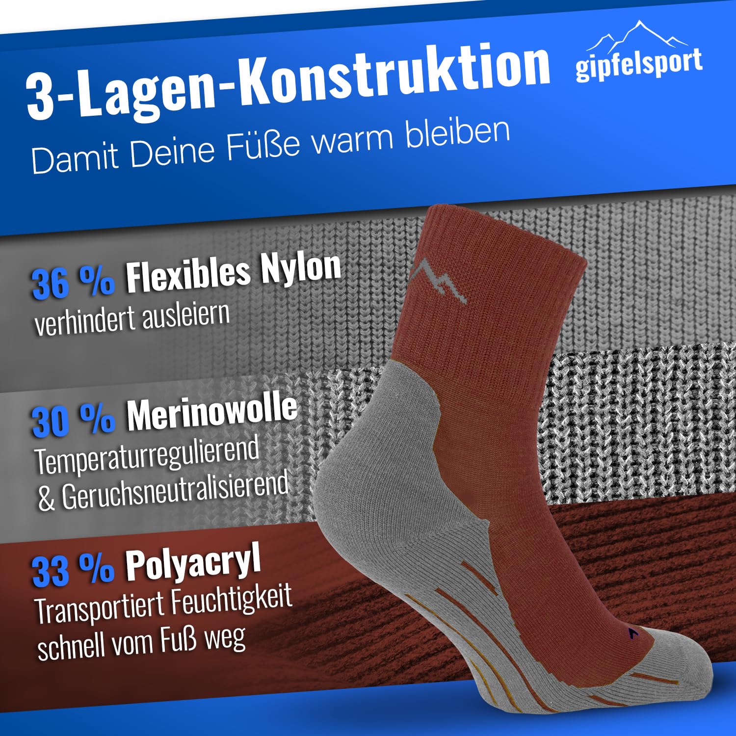 gipfelsport Lekkie skarpety turystyczne z wełny merynos, do aktywności na świeżym powietrzu, trekkingowe, dla kobiet, mężczyzn i dzieci, 1 lub 3 sztuki w opakowaniu