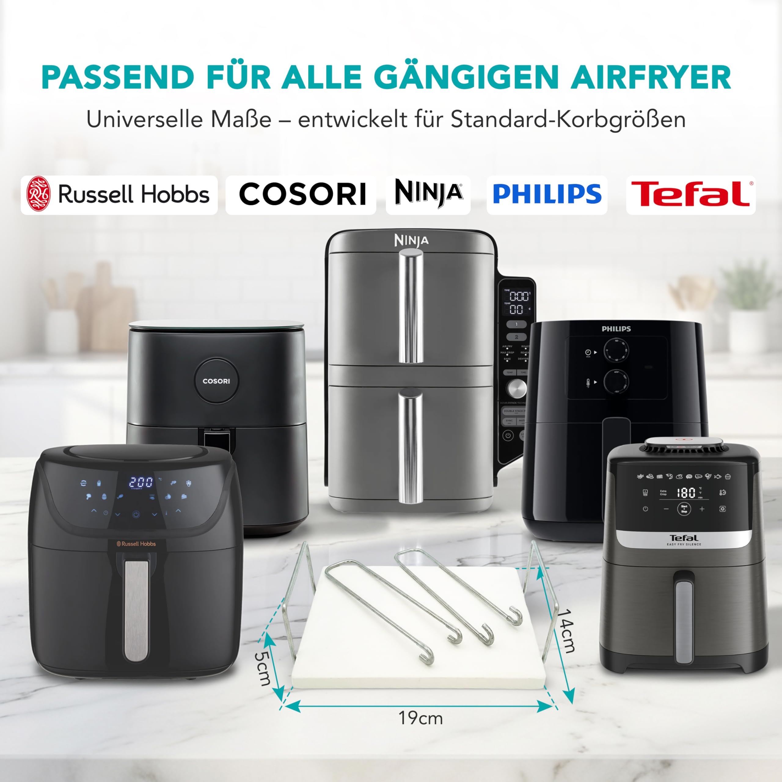 WunderFry - Pizzastein für Airfryer kompatibel mit Ninja, Cosori, Phillips uvm. - Hochwertiger Steinofen-Pizzastein für knusprige Pizza, Baguettes, Brötchen und Toast, inkl. Edelstahlrahmen