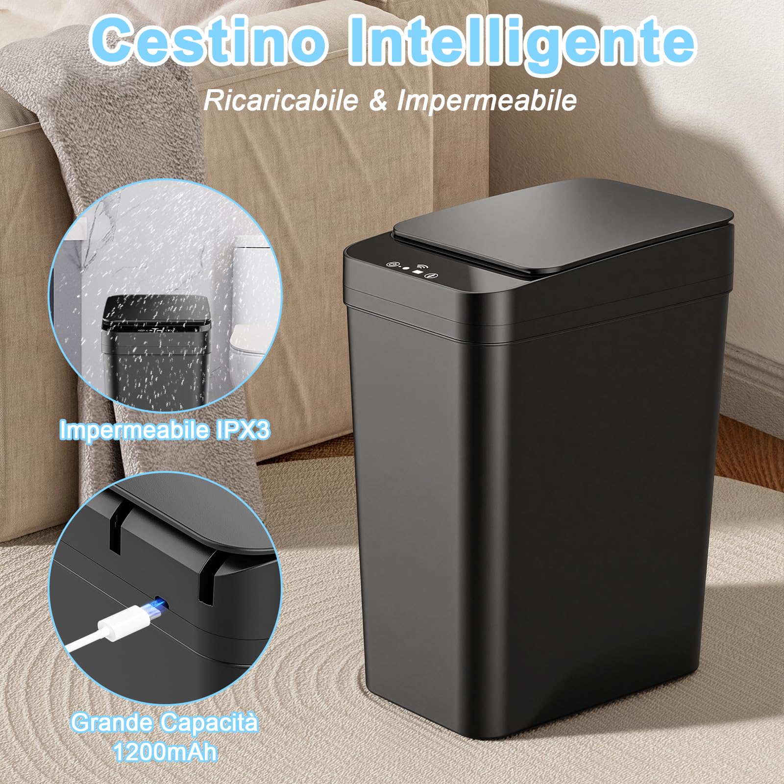 Pattumiera Bagno, 12 L Pattumiera Cucina con Coperchio, Pattumiera con Sensore Stretto, Ricaricabile, Pattumiera Automatica Silenziosa E Impermeabile, Impermeabile, per Bagno,Cucina,1200mah