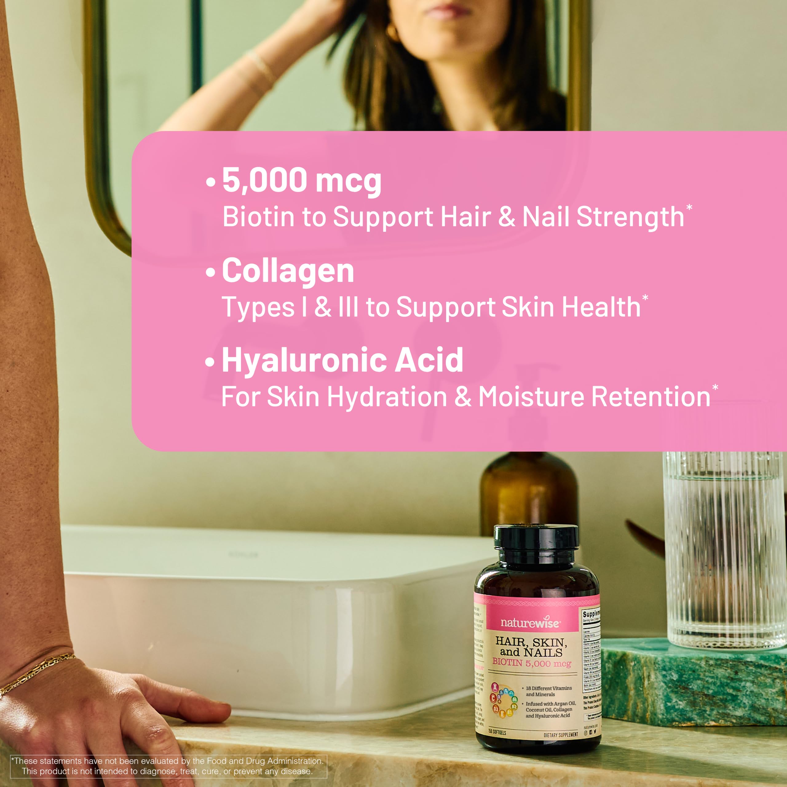 NatureWise Hair Skin and Nails Vitamin, Biotin 5000mcg w/Hyaluronic Acid, Collagen for Women with C, B Complex, D3, A, E, Iron - Non-GMO, Gluten Free - 150 Softgels[50-Day Supply] — Amazon image 4