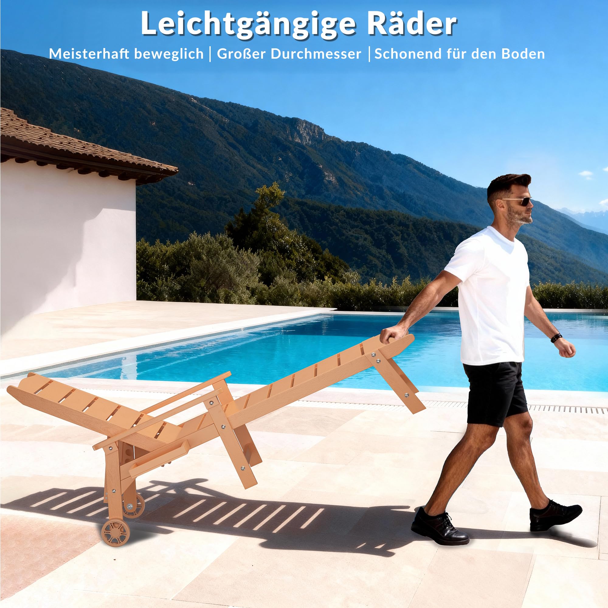 Outdoor-Liegestuhl mit Rollen, 2 m Lange Sonnenliege, 5-Fach verstellbare Rückenlehne (Flache Liegeposition), ausklappbares Seitentablett, wetterfest, für Pool, Terrasse und Strand