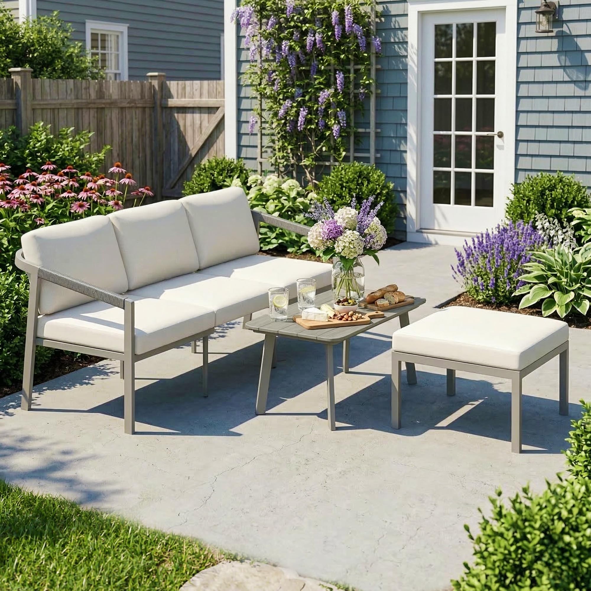 Outsunny Conjunto de Muebles Jardín Exterior Sofá Exterior Marrón Beige | 3 Piezas, Seccional Forma de L, Sofá de 3 Plazas, Reposapiés, Mesa Centro de Listones, Cojines de 10 cm, Terraza Patio