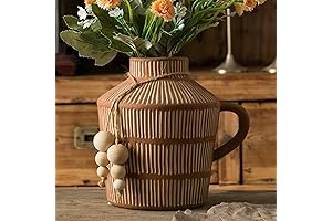 Rustic Farmhouse Vase with Handle, Embellished with Boho Wooden Beads