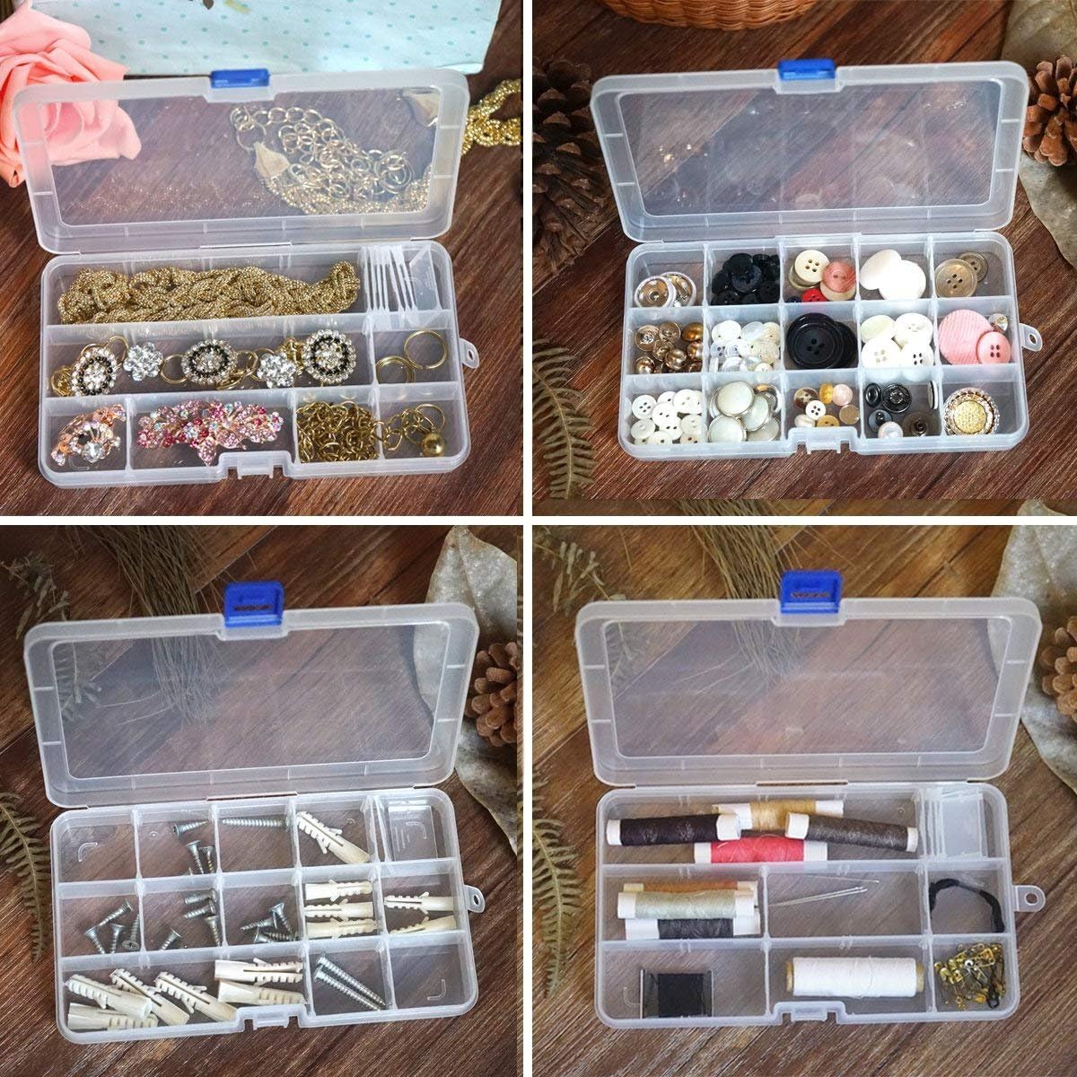 Qualsen 15 Girds Bead Organizer with Adjustable Dividers(12 Pack)，Earring Organizer Box and Small Plastic Organizer Box for Jewelry, Beads, Earrings, Crafts, Screws and Fishing Tackles Small Items