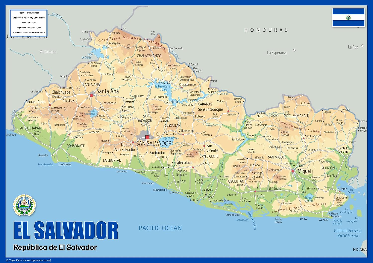 El Salvador Physical Map - 23.3 x 16.5 Inches - Paper Laminated