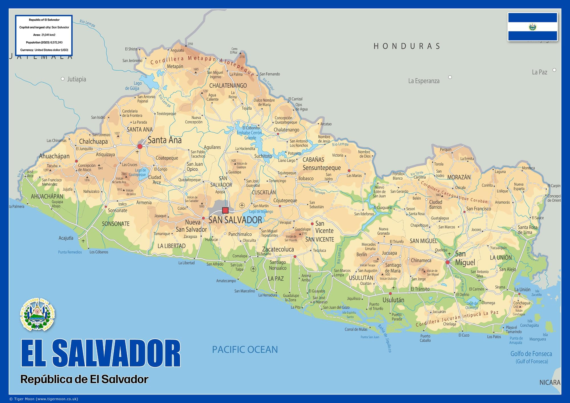 El Salvador Physical Poster Map - 23.3 x 16.5 Inches - Paper Laminated