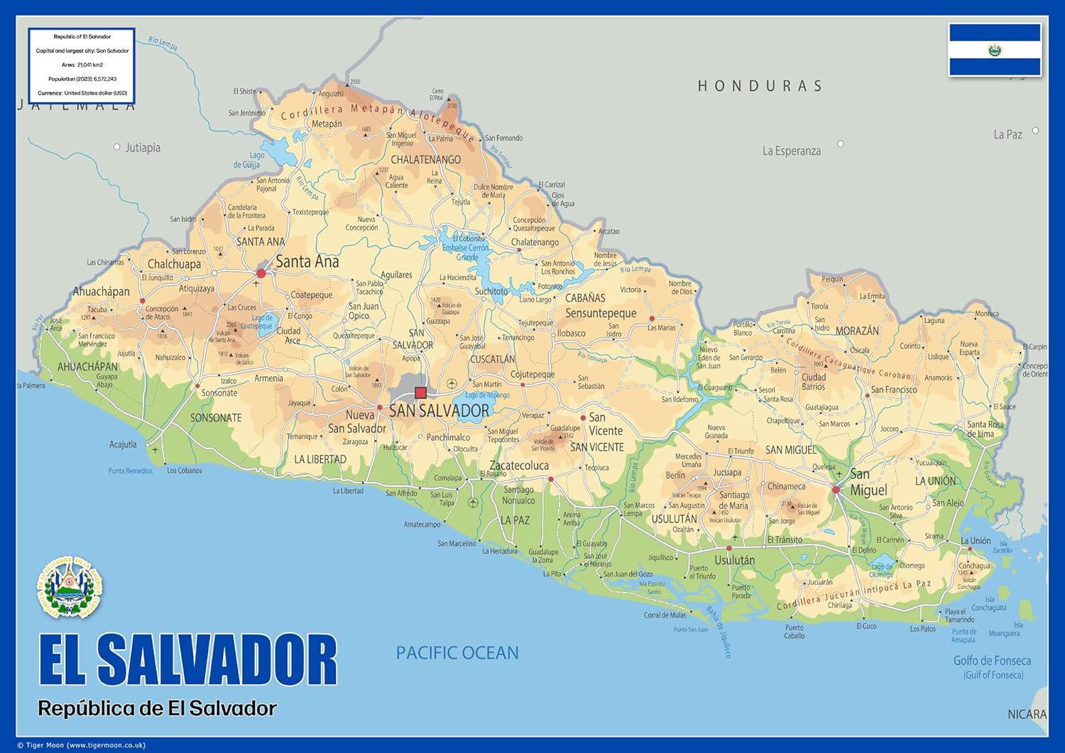 Physical Map of El Salvador The Oxford Collection Size A2 Paper
