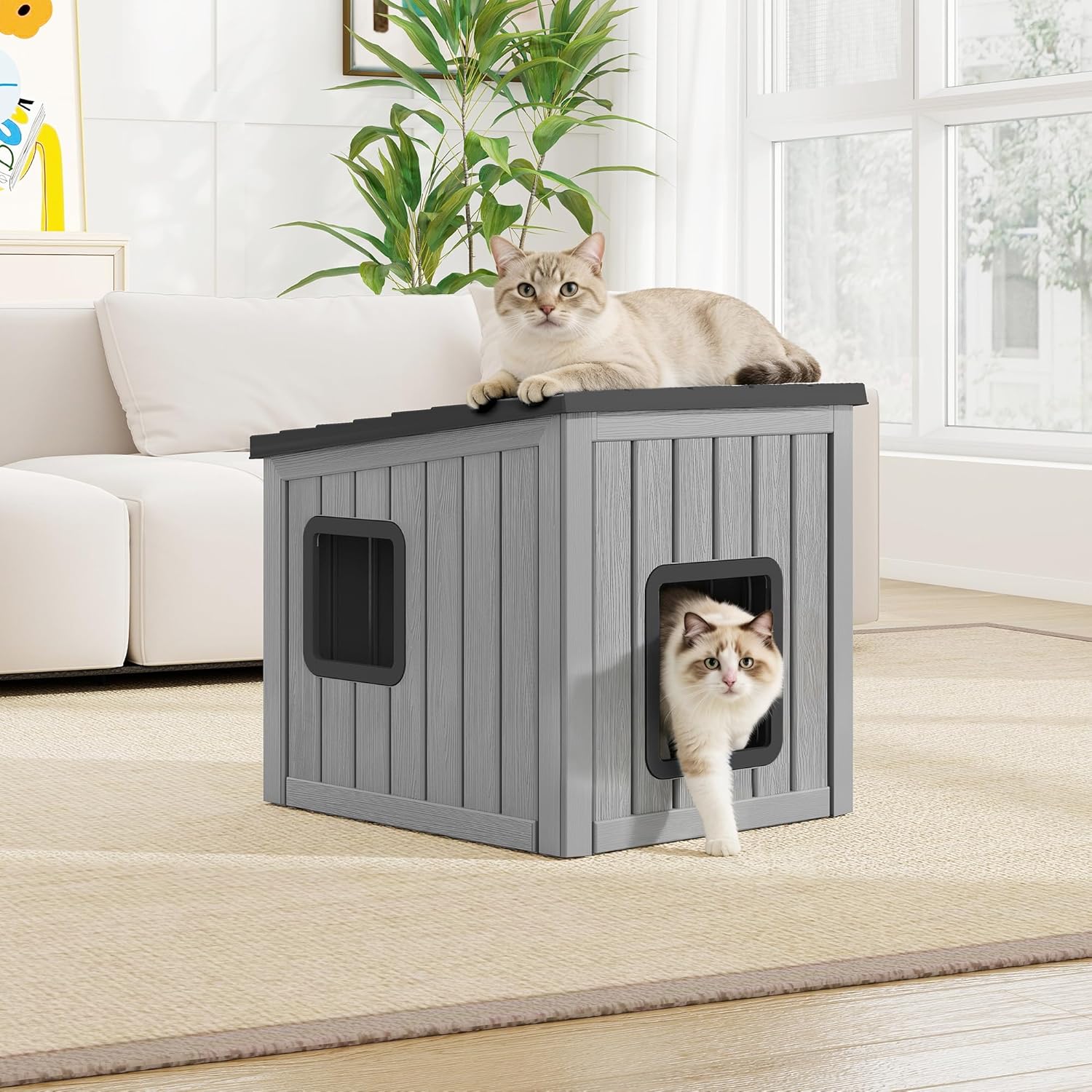 Large Outdoor Cat House Weatherproof, Plastic Cat House with Dual Door, Feral Cat Shelter for Porch, Patio, Backyards,Garage, Neighborhood, Indoor(Gray)