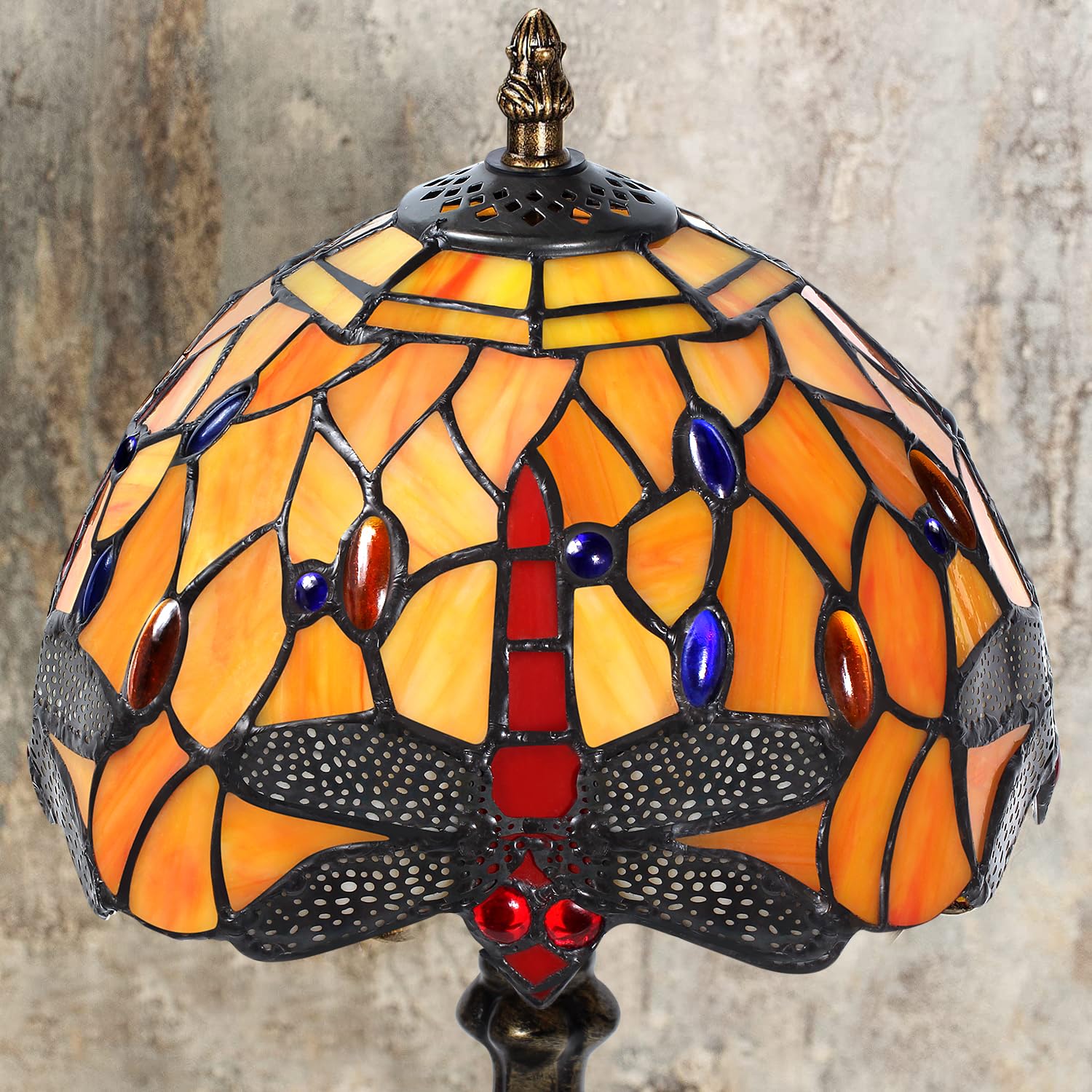 Tiffany lampa stołowa w stylu vintage, ręcznie wykonana, witrażowa, abażur, lampy stołowe, do sypialni, na stolik nocny, do gabinetu, biura (pomarańczowa libelka)