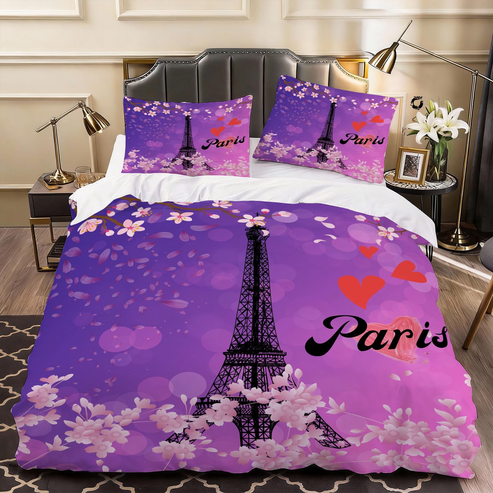 3D Eiffel Tower Duvet Cover Blossom Flowers Bedding Super King Bed Set, Soft Microfiber Comforter Cover Printed with Zipper Closure Quilt Coverr 260x220 cm and 2 Pillowcases