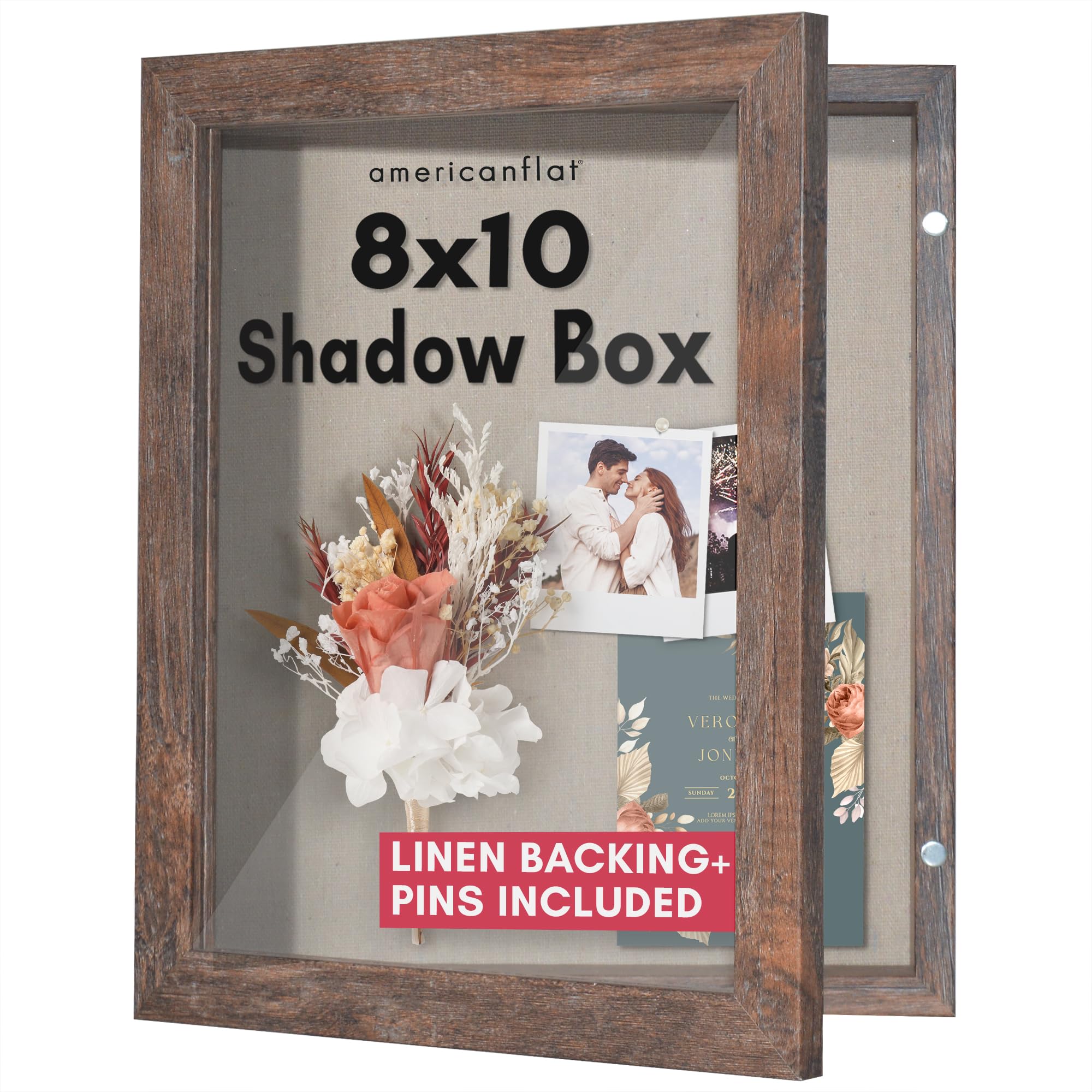 Americanflat Front Opening 8x10 Shadow Box Frame with Shatter-Resistant Glass - Silhouette Collection - Shadow Box Display Case for Tabletop and Wall Display - Rustic Brown