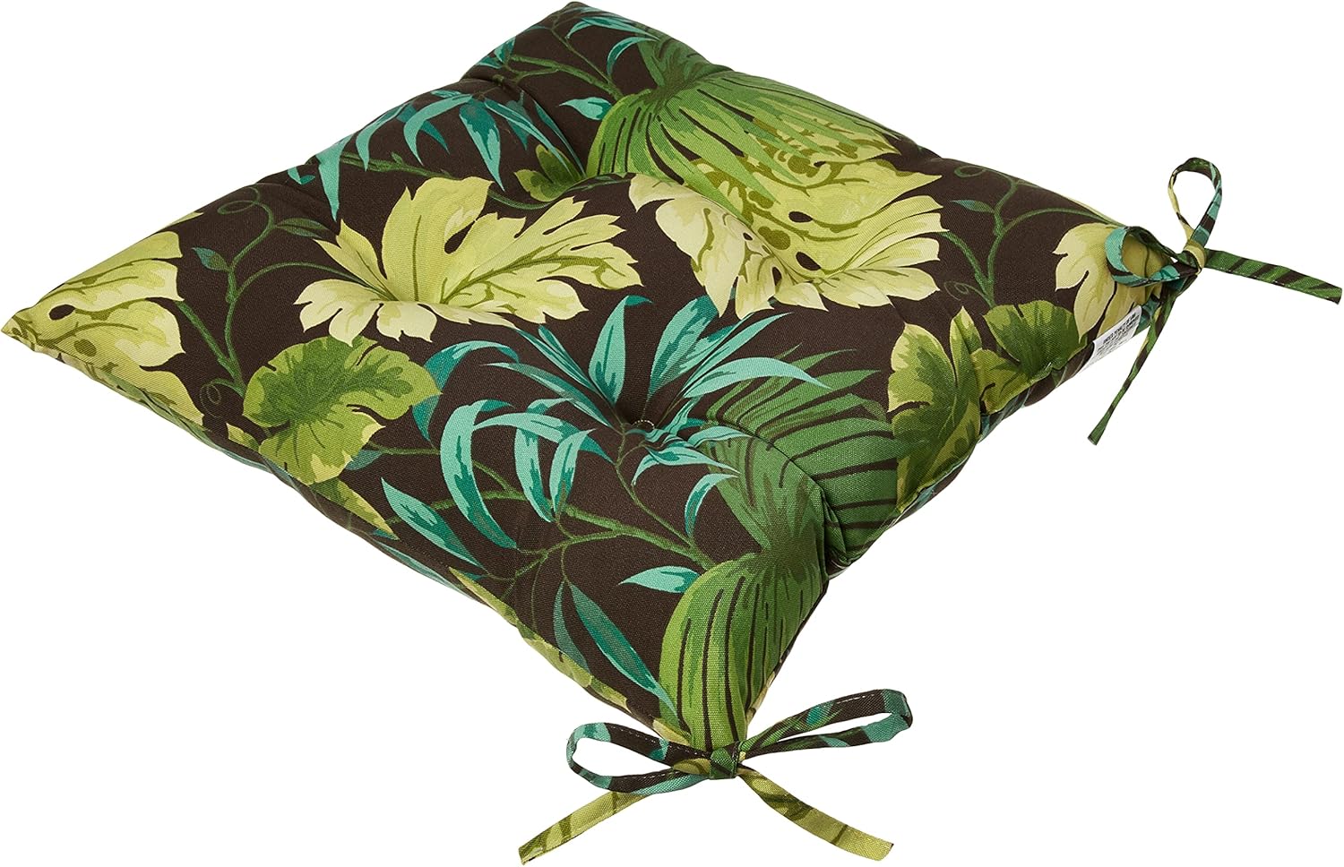 Pillow Perfect Tropic Botanical Indoor/Outdoor Tufted Wicker Chair Pad With Ties, 2 Count, 18.5" x 19", Green Tropique Peridot